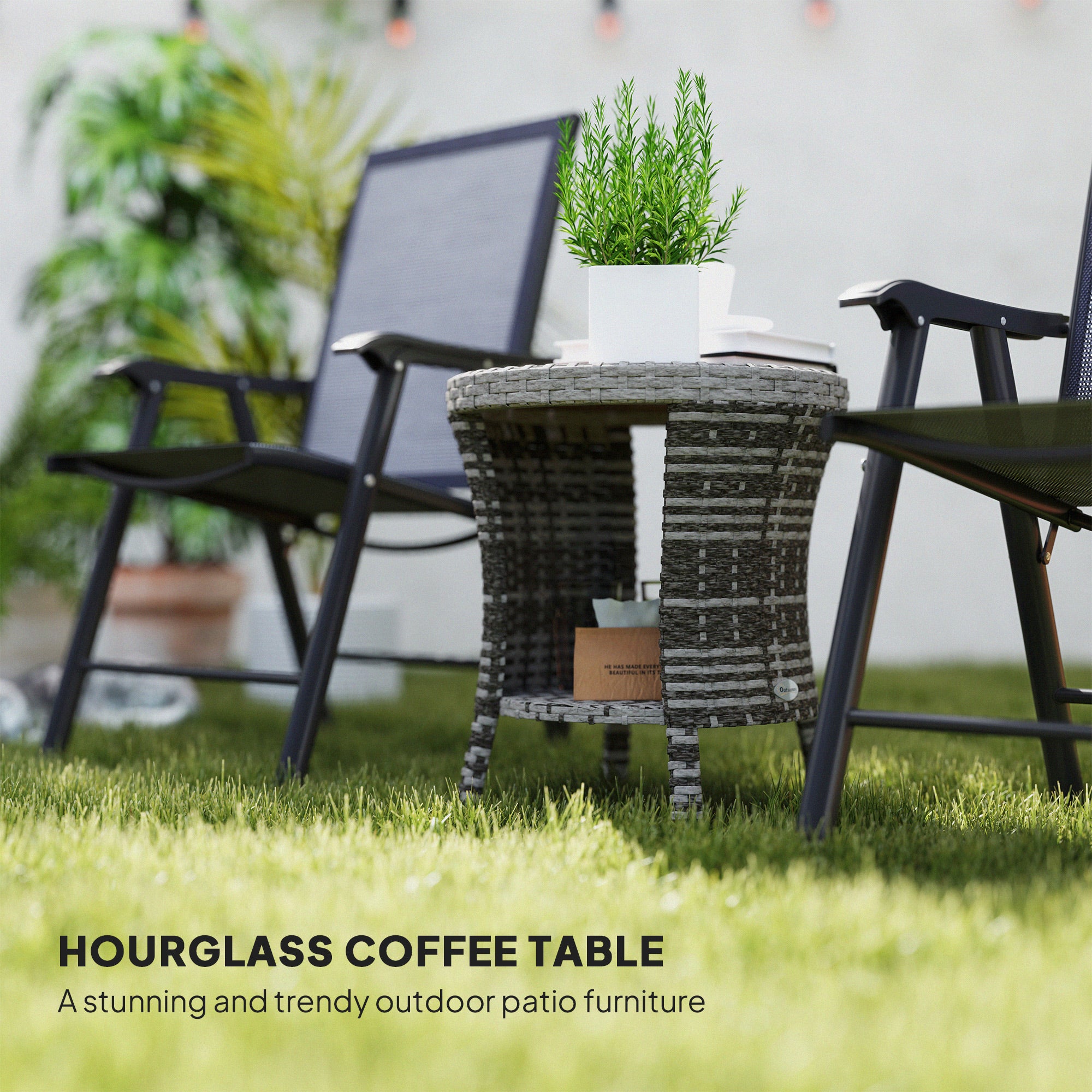 18" Wicker Outdoor Coffee Table, PE Rattan Patio Side Table with 2-Tier Storage, Composite Wood Top, Mixed Gray image 4