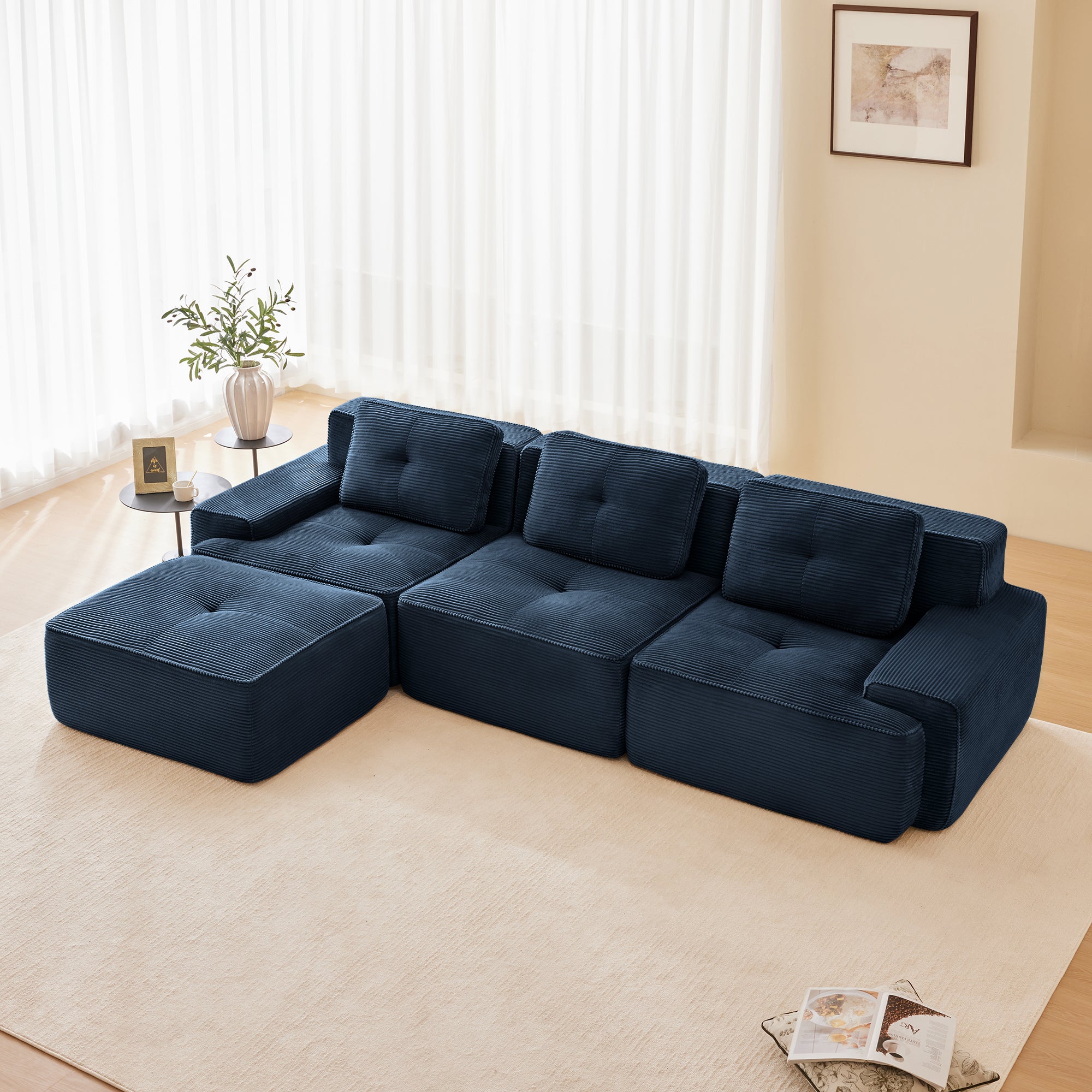 117 Modern L-Shaped Modular Sectional Sofa For Living Room, Corduroy Fabric,3-Seater Couch With Deep Seat And Movable Ottoman,Pearl-like Piping, Tufted Design,No Assembly, Anti-slip Design, Blue