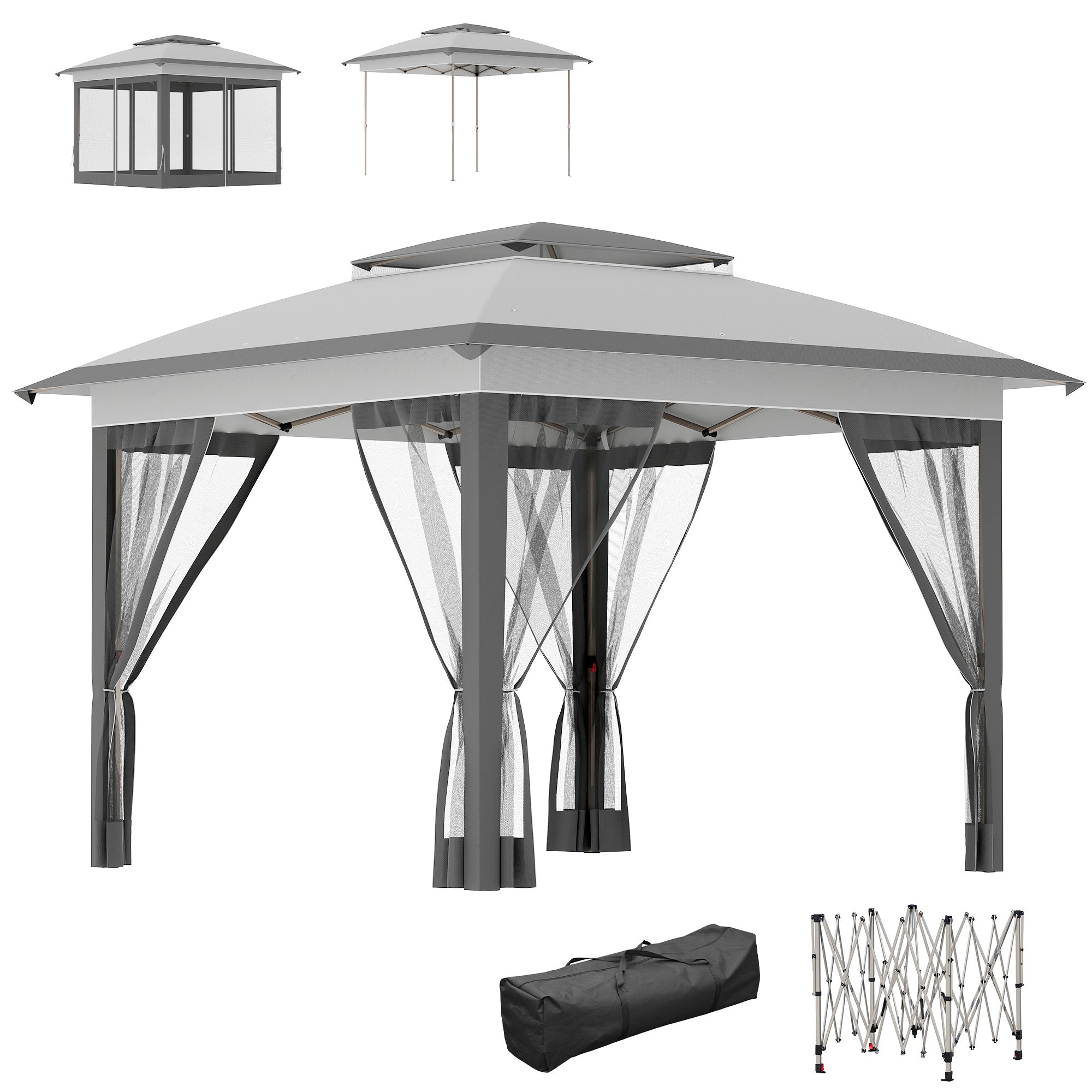 12 x 12 Pop Up Canopy Tent with Netting and Carry Bag, Instant Sun Shelter with 137 sq.ft Shade, Tents for Parties, Height Adjustable, for Outdoor, Garden, Patio, Gray