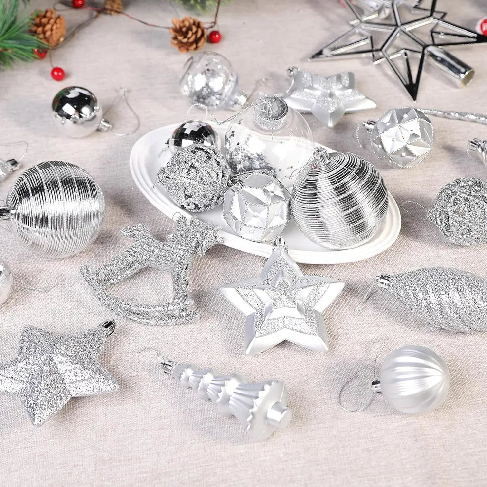 100pcs Christmas Tree Decorations Ornaments Set, Shatterproof Plastic Baubles Decorative Balls For Xmas Tree Decor Holiday Wedding Party, White