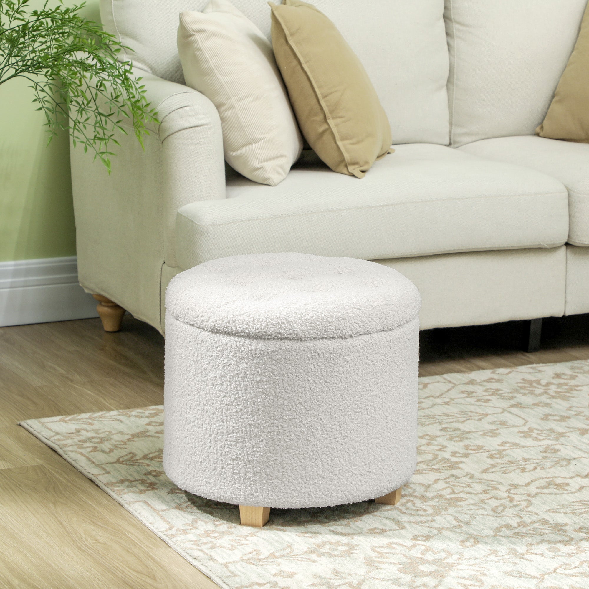 18" Round Ottoman with Storage, Teddy Fleece Button Tufted Foot Stool with Lid, Wood Legs for Living Room Hallway, White image 2