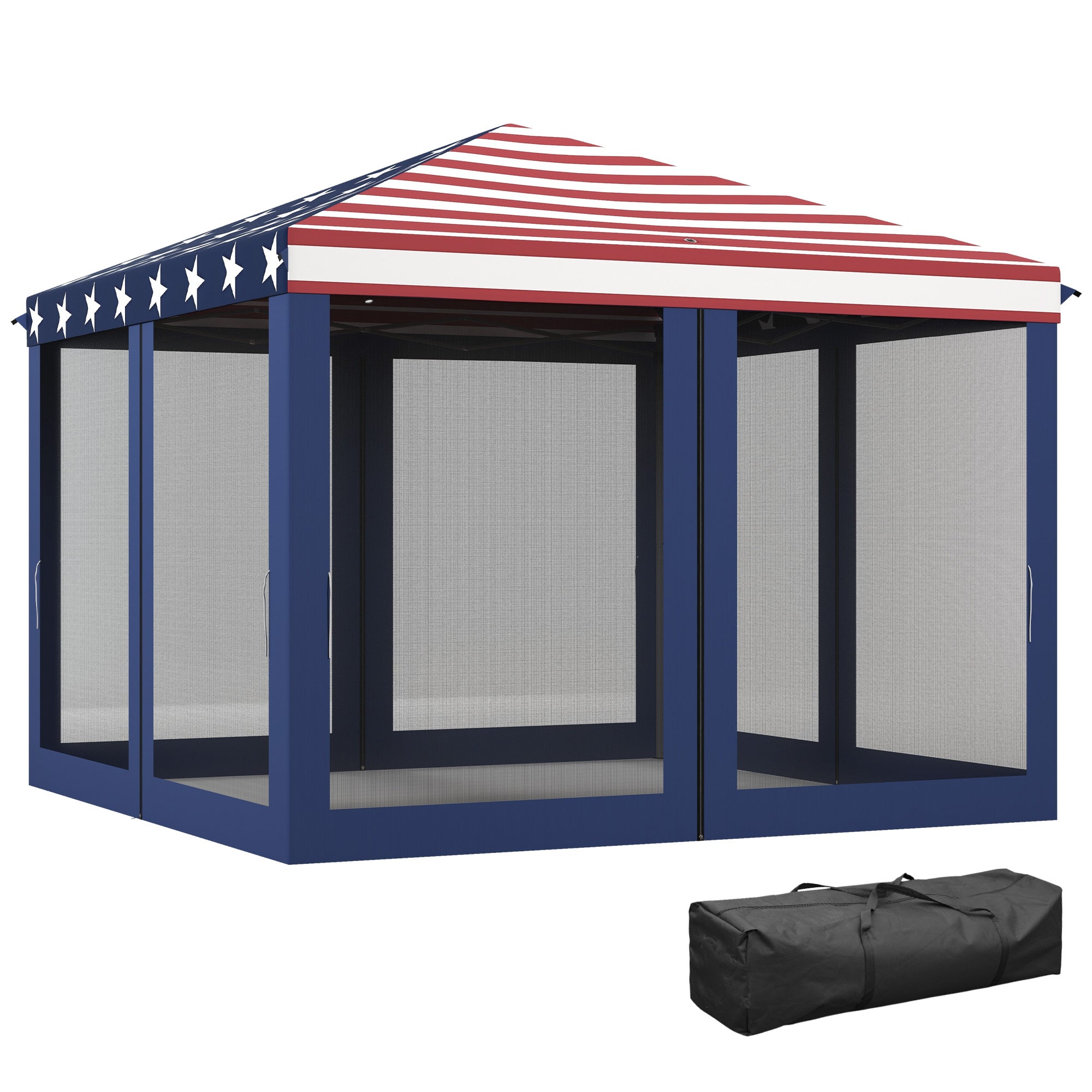 10 x 10 Outdoor Pop-Up Canopy with Sidewalls, Mesh Walls, Instant Setup for Party, Events, Patio, Lawn, American Flag
