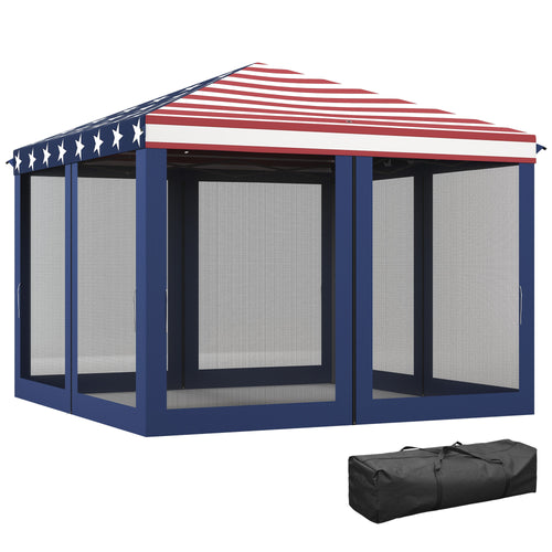 10 x 10 Outdoor Pop-Up Canopy with Sidewalls, Mesh Walls, Instant Setup for Party, Events, Patio, Lawn, American Flag