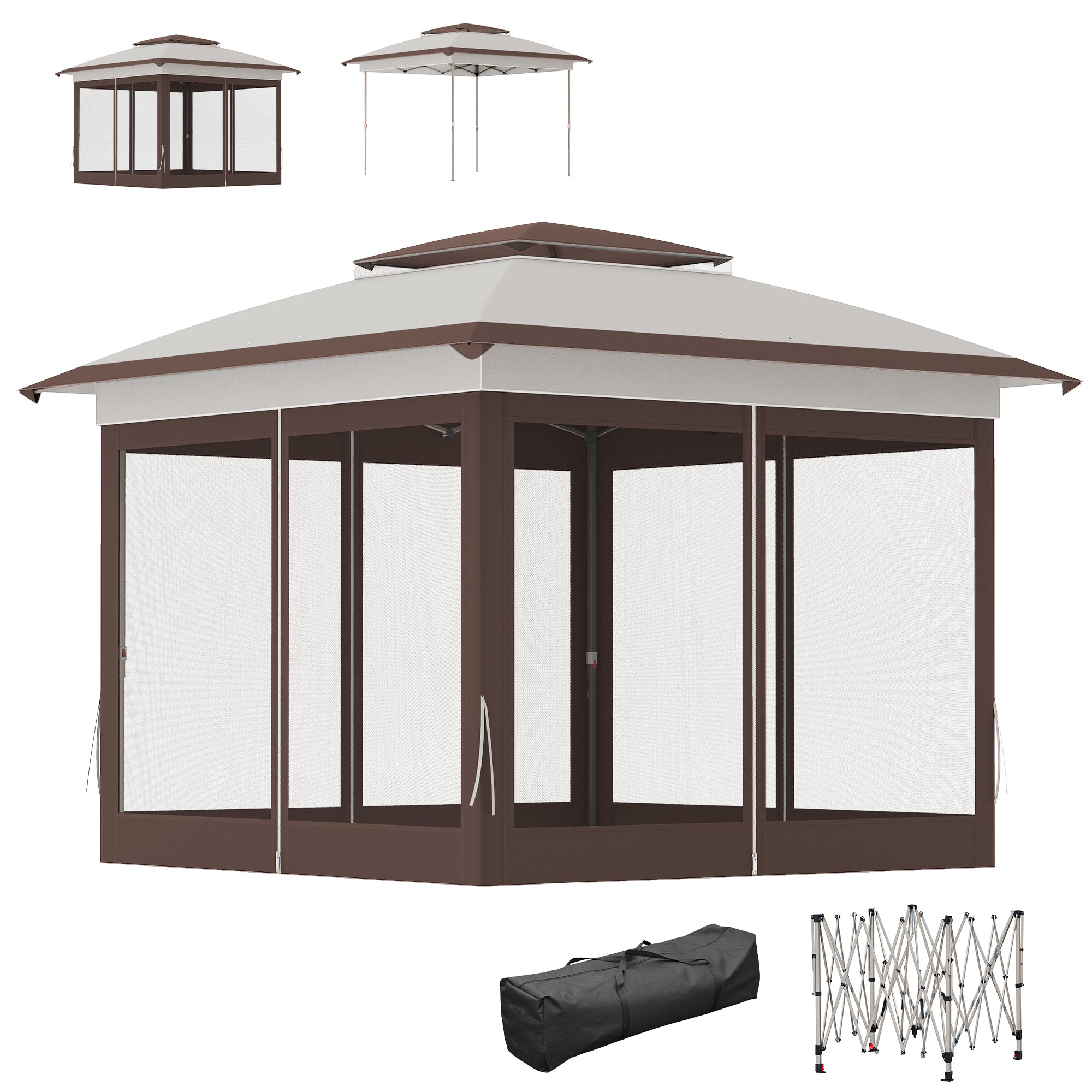 12 x 12 Pop Up Canopy Tent with Netting and Carry Bag, Instant Sun Shelter with 137 sq.ft Shade, Beige and Brown