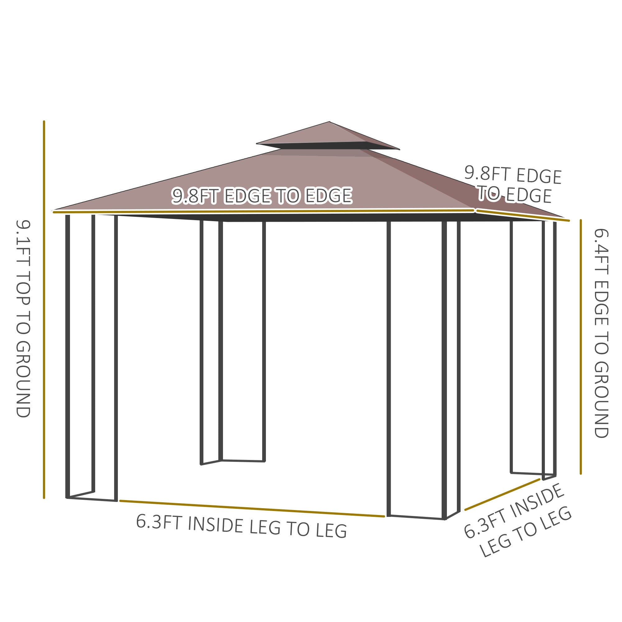 10' x 10' Metal Patio Gazebo, Double Roof Outdoor Gazebo Canopy Shelter With Tree Motifs Corner Frame And Netting, For Garden, Lawn, Backyard, And Deck, Brown