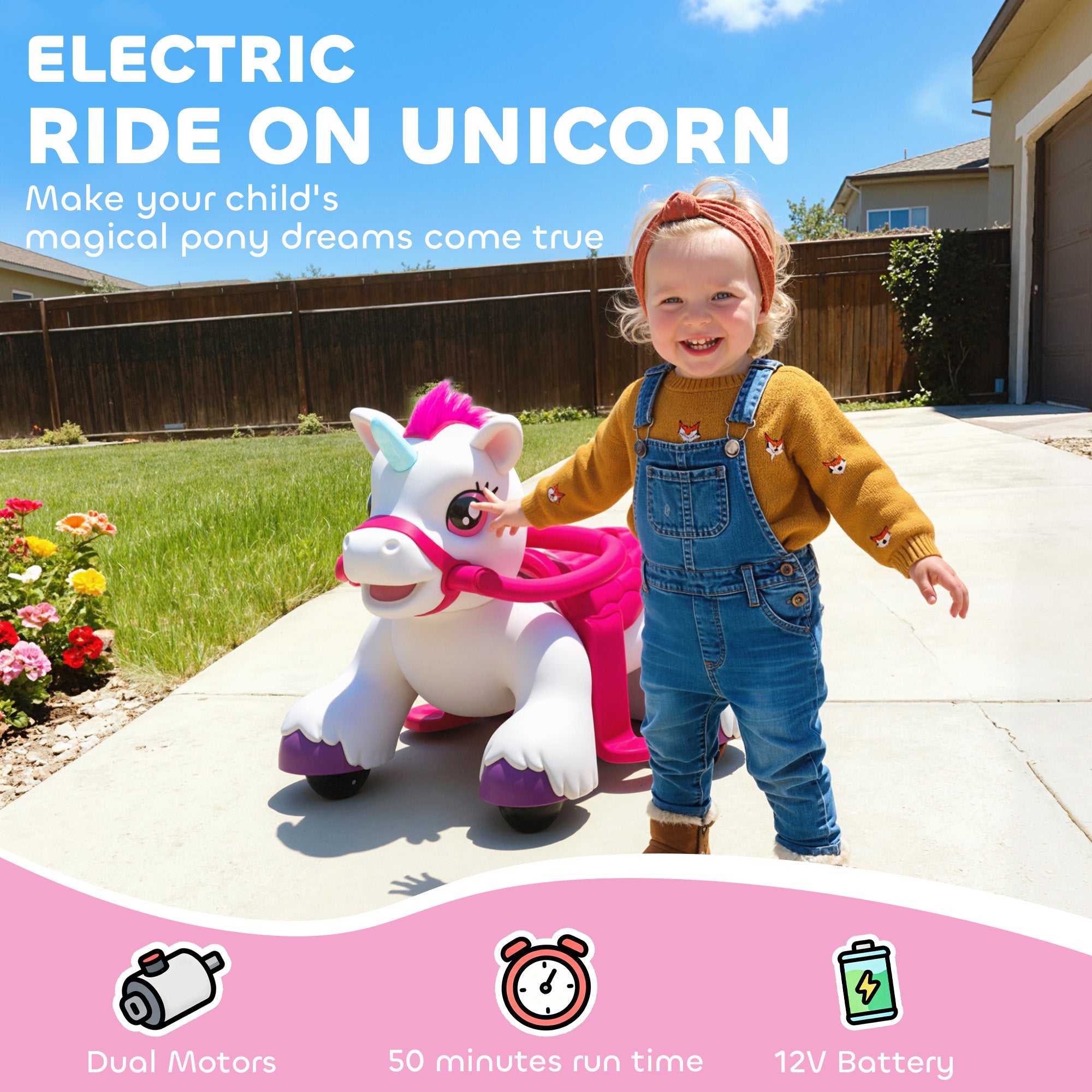 12V Unicorn Ride on Horse with Carrot Toy, Comb, Animal Sounds, for Girls Boys Aged 1.5-3 Years Old image 4