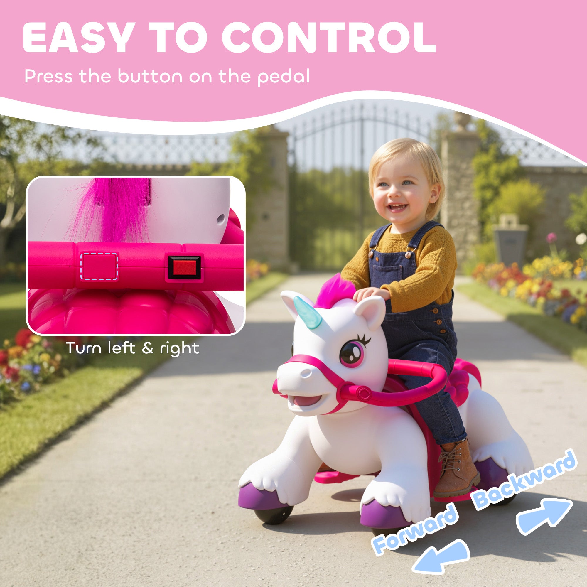 12V Unicorn Ride on Horse with Carrot Toy, Comb, Animal Sounds, for Girls Boys Aged 1.5-3 Years Old image 5