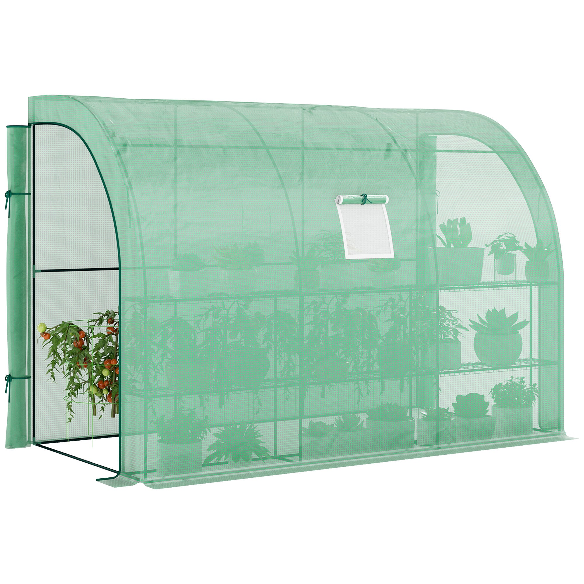 10 x 5 x 7 Lean to Greenhouse, Walk-In Green House, Plant Nursery with 2 Roll-up Doors and Windows, PE Cover and 3 Wire Shelves, Green
