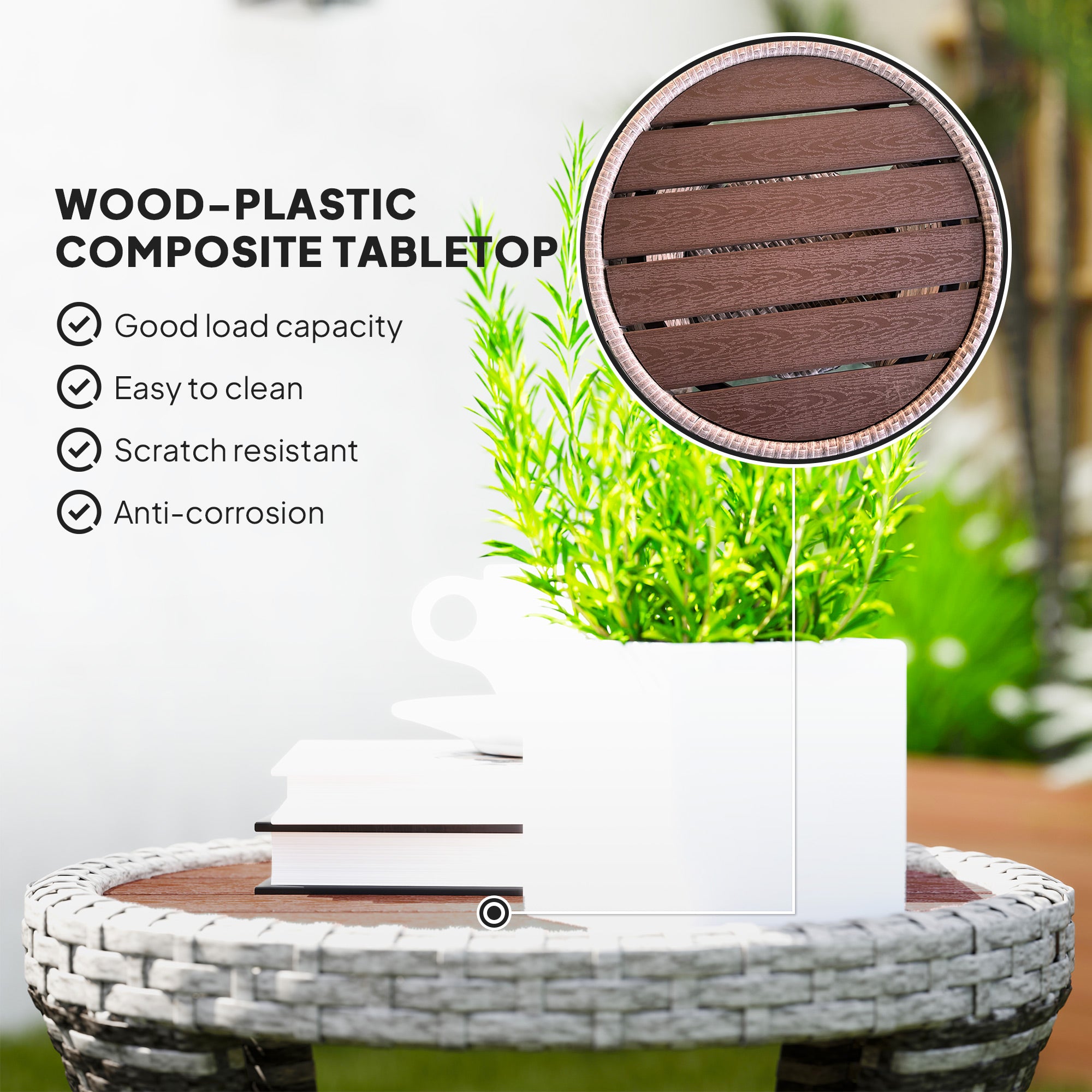 18" Wicker Outdoor Coffee Table, PE Rattan Patio Side Table with 2-Tier Storage, Composite Wood Top, Mixed Gray image 6