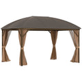 10 x 13 Hardtop Gazebo with Curtains, Netting, Pavilion with Steel Roof Ceiling Hook for Garden Patio, Brown