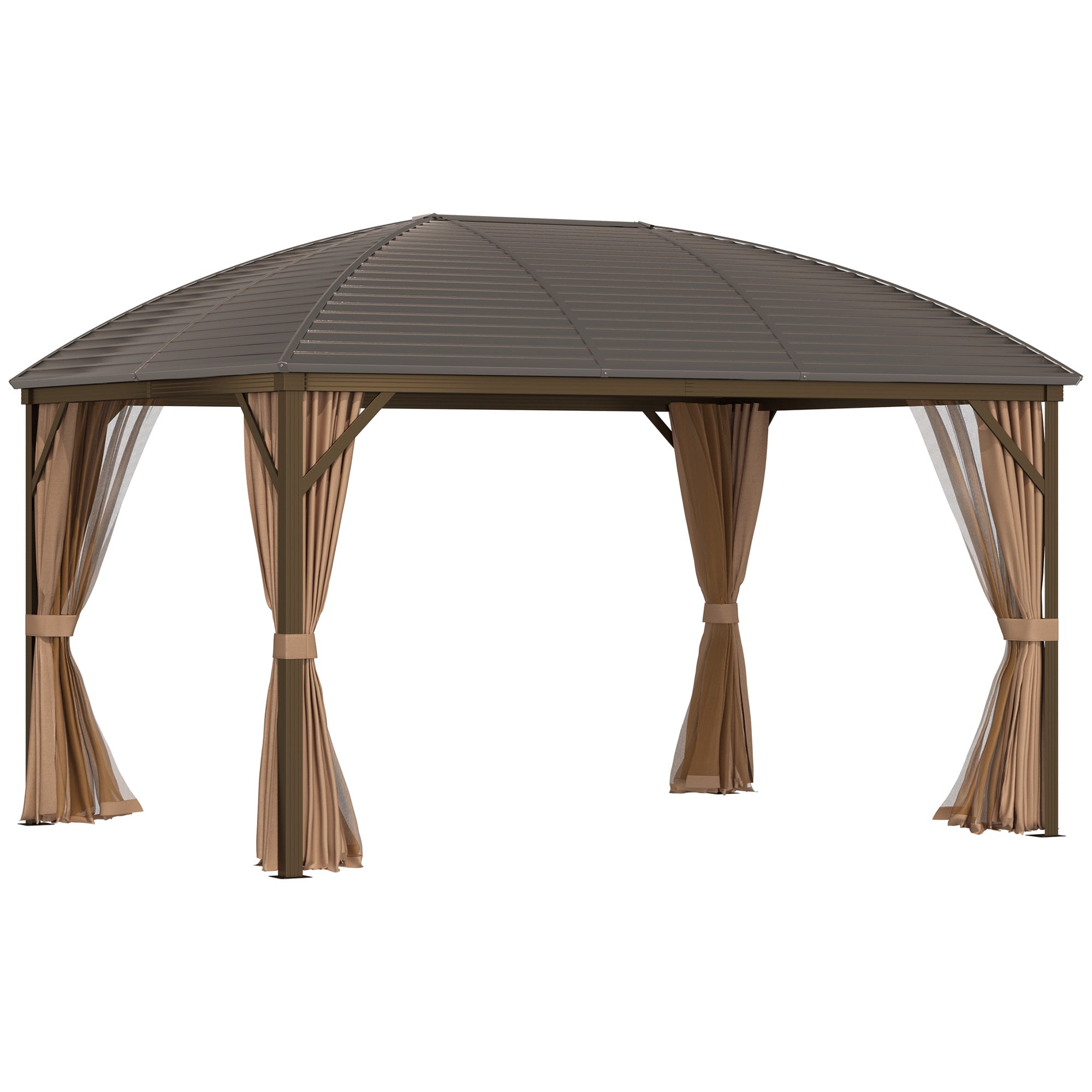 10 x 13 Hardtop Gazebo with Curtains, Netting, Pavilion with Steel Roof Ceiling Hook for Garden Patio, Brown