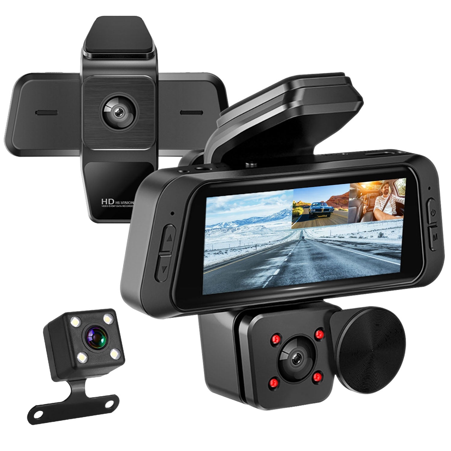 1080P FHD 3 Channel WiFi Dash Cam 170 Degree Wide Angle Triple Car Camera With IR Night G Sensor Motion Detection Loop Recording App Control Support 128G Max