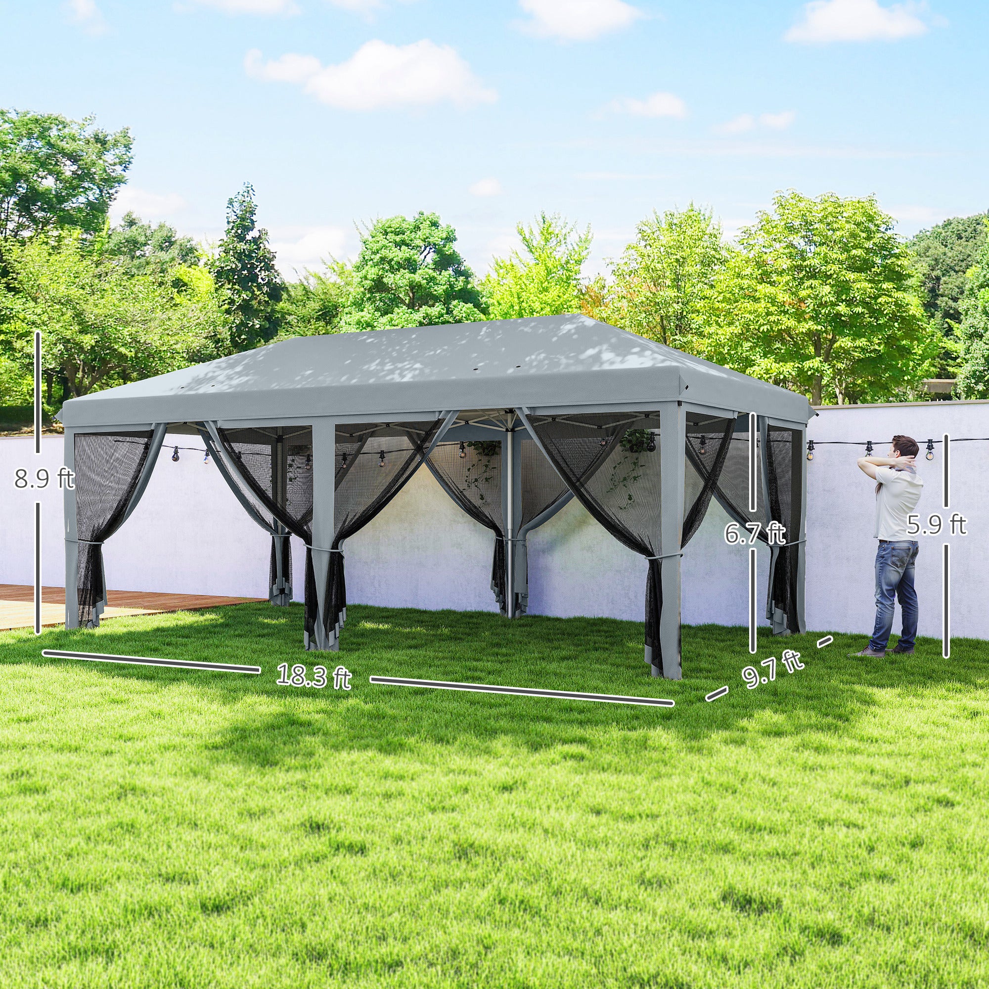 10' X 20' Pop Up Canopy Tent With Netting, Heavy Duty Instant Sun Shelter, Large Tents For Parties With Carry Bag For Outdoor, Garden, Patio, Gray