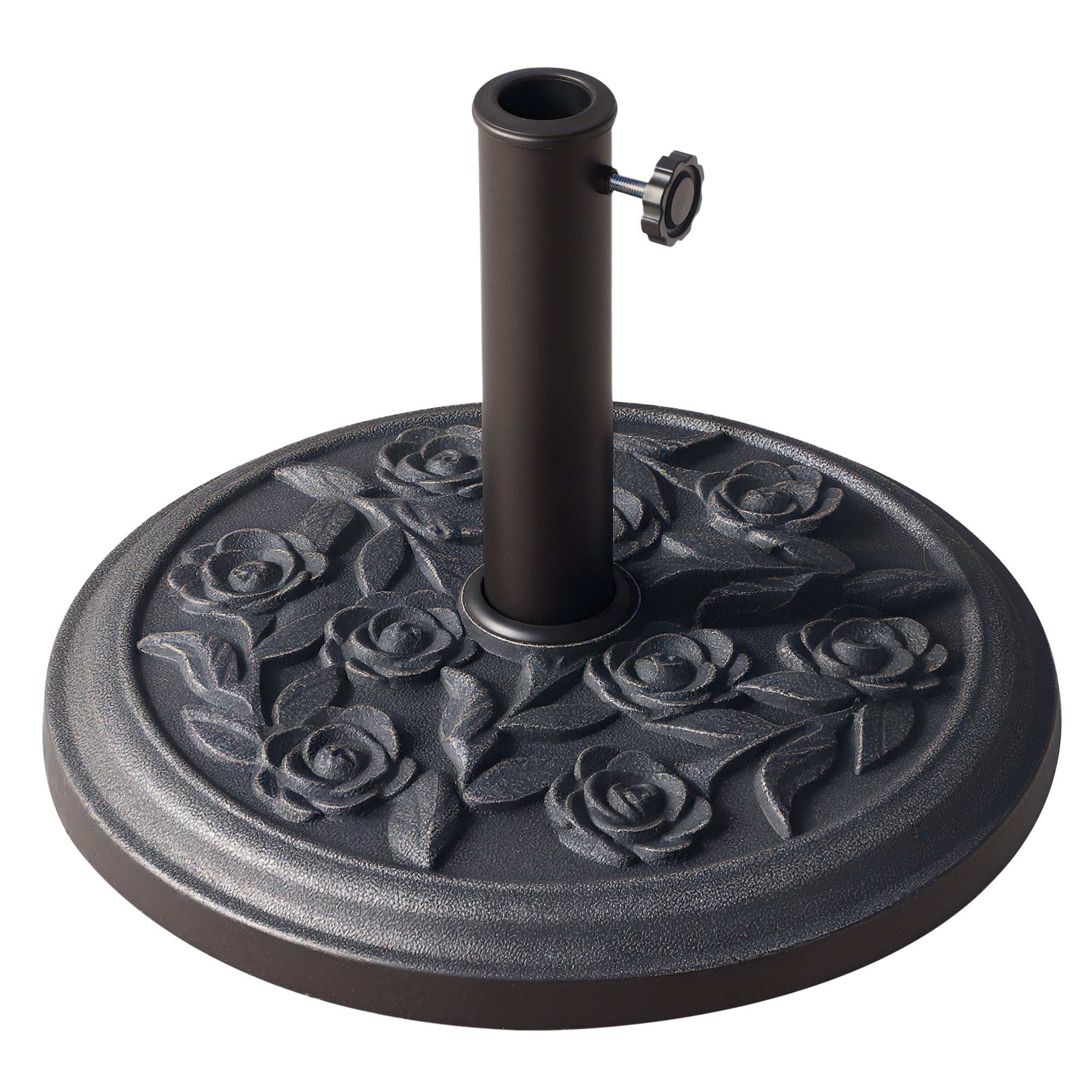 18" 20 lbs Round Resin Umbrella Base Stand Market Parasol Holder with Decorative Rose Floral Pattern & Easy Setup, for Φ1.5", Φ1.89" Pole, for Lawn, Deck, Backyard, Garden, Bronze