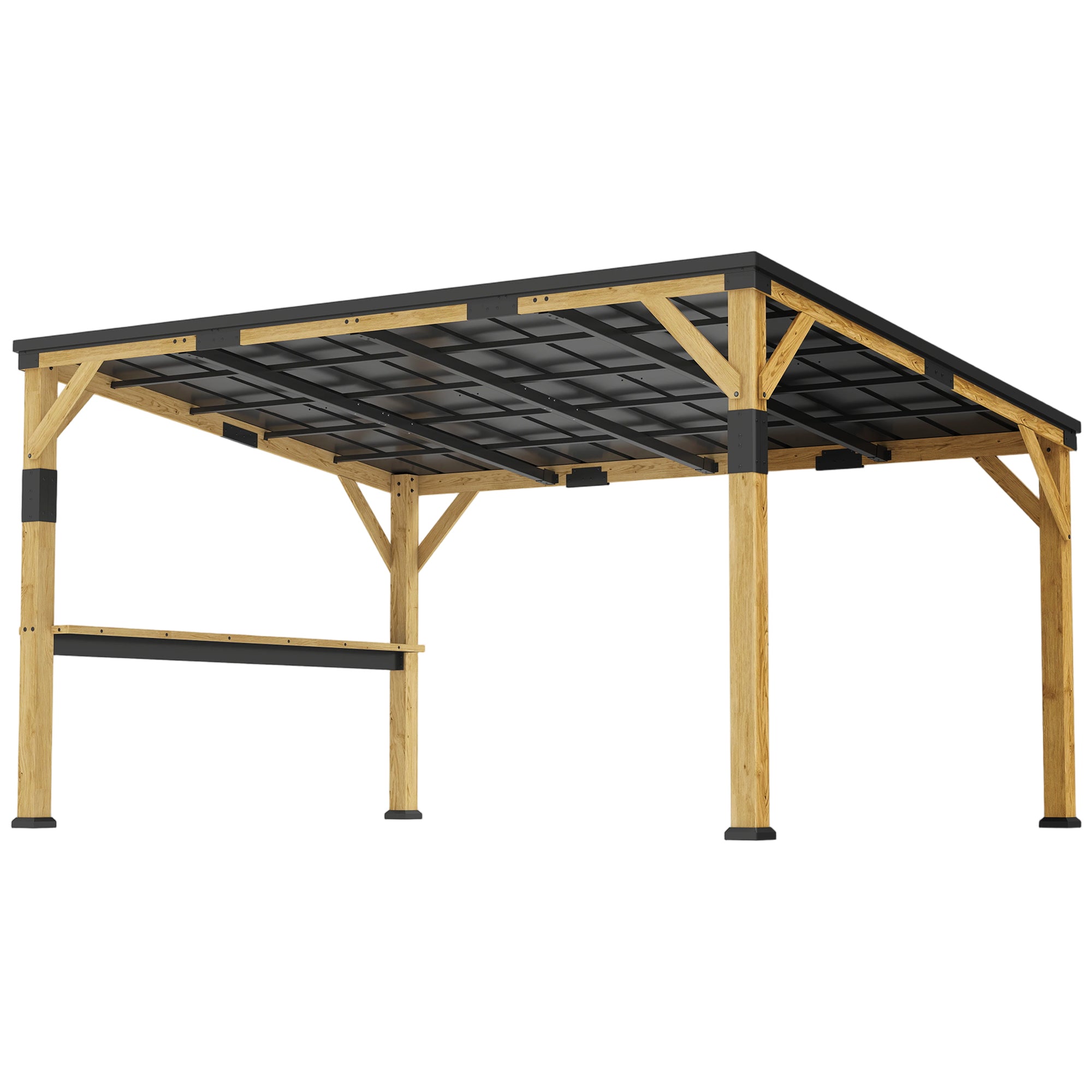 10 x 14 Wooden Gazebo, Hardtop Lean-to Gazebo Pergola with Galvanized Steel Sloped Roof, Bar Shelf, Natural Wood