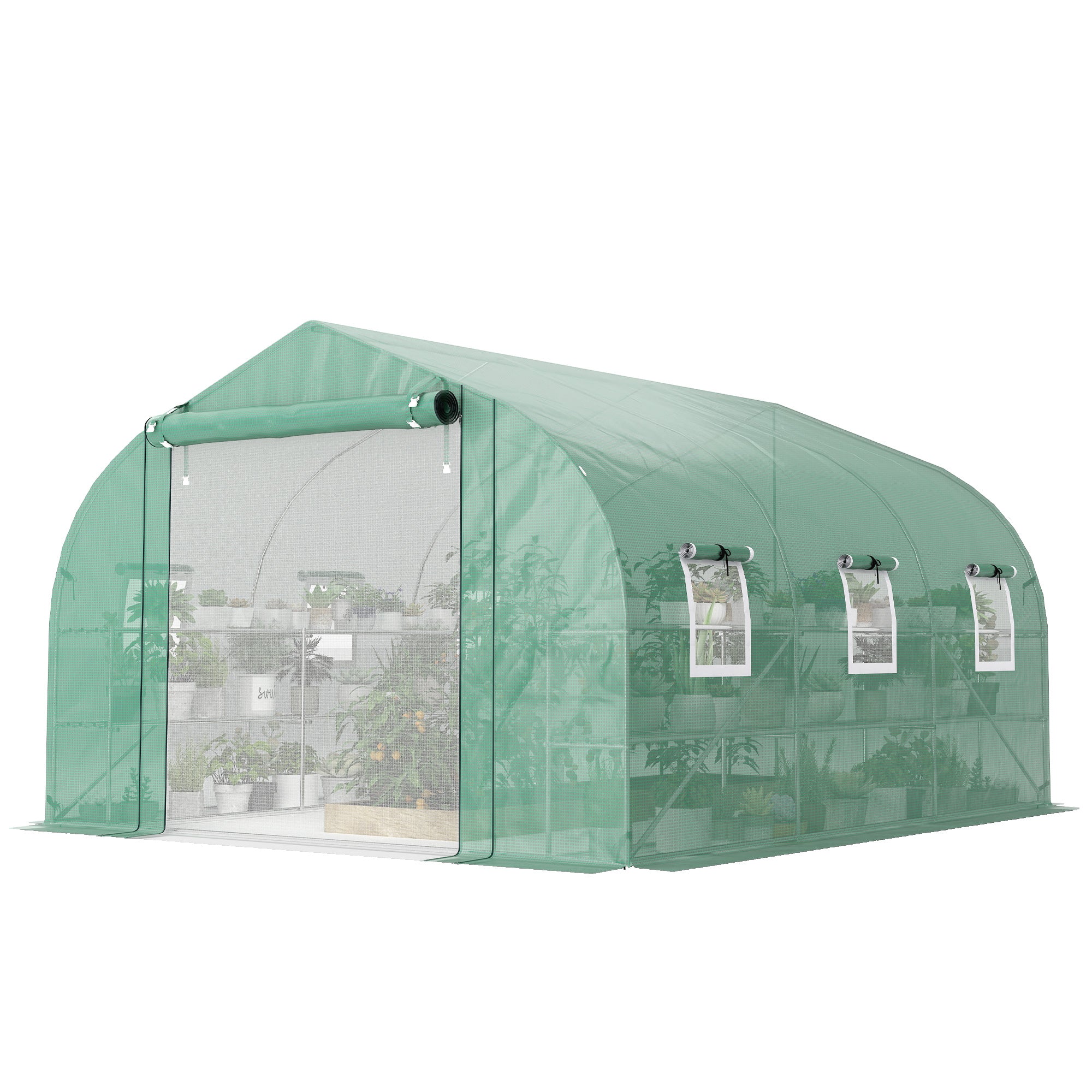 10x11x6 Walk-in Tunnel Greenhouse with Shelves, Mesh Door and Windows, Plant Hot House with PE Cover, Green