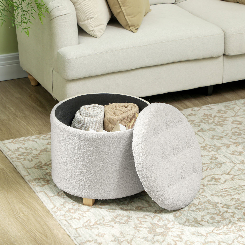 18" Round Ottoman with Storage, Teddy Fleece Button Tufted Foot Stool with Lid, Wood Legs for Living Room Hallway, White image 6