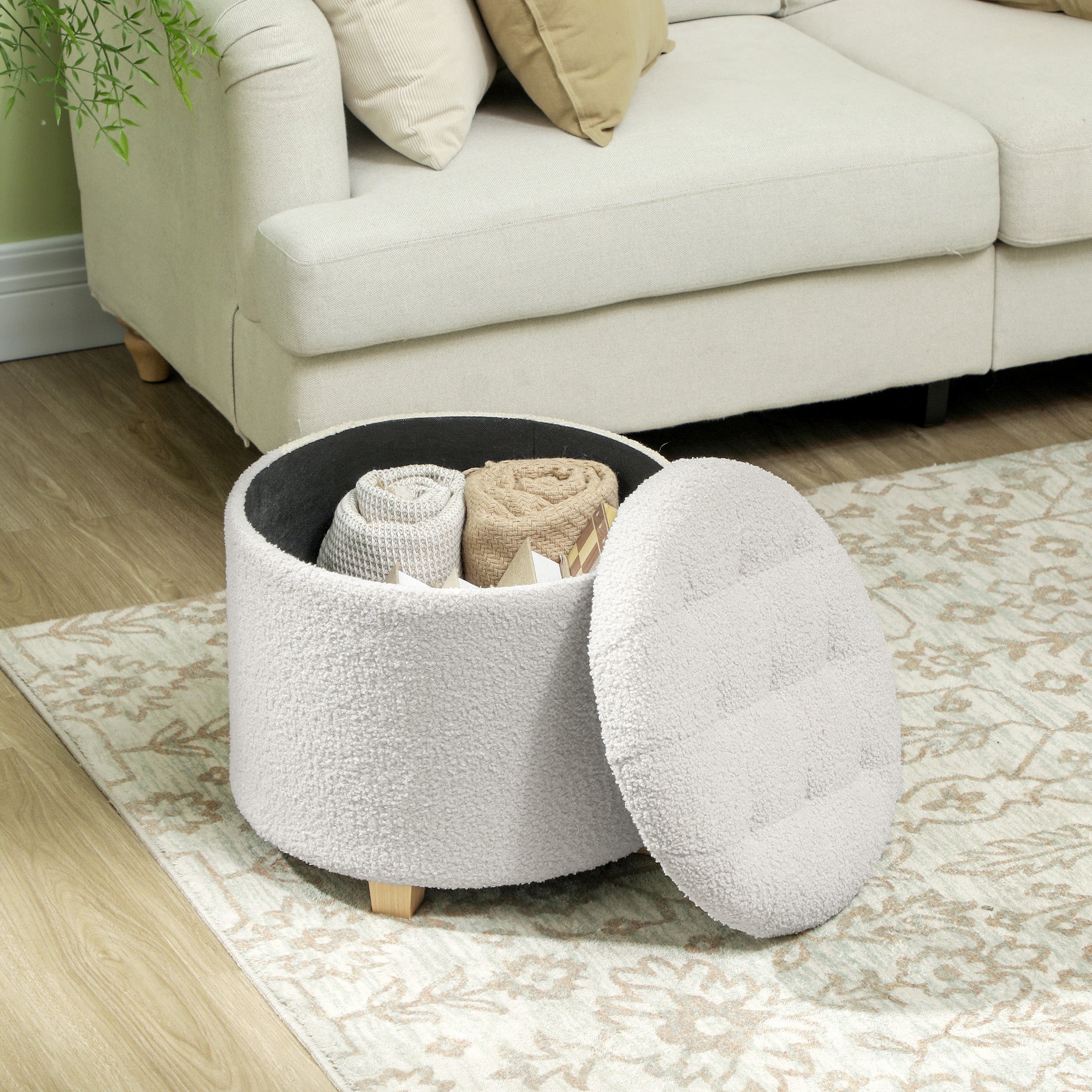 18" Round Ottoman with Storage, Teddy Fleece Button Tufted Foot Stool with Lid, Wood Legs for Living Room Hallway, White image 6