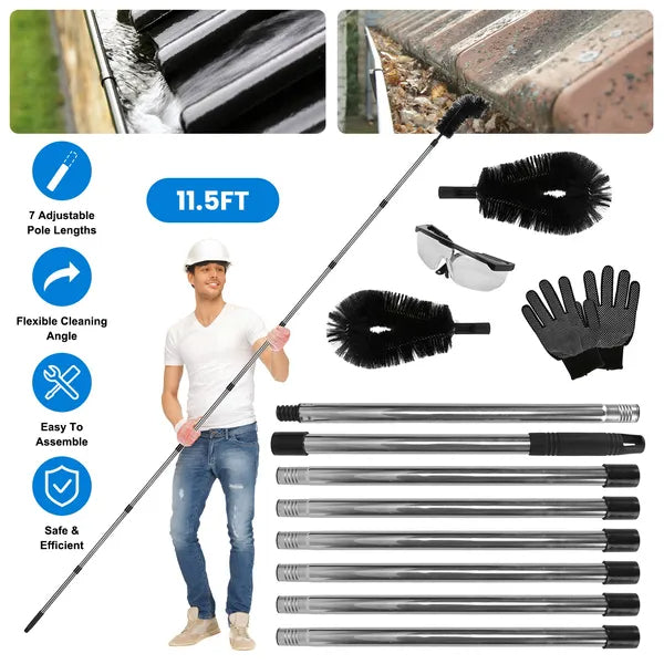 11.5FT Gutter Cleaning Brush With Telescoping Handle Rain Gutter Cleaner Extendable Gutter Cleaning Tool From The Ground With 2 Angled Brushes Anti-slip Gloves Goggles GPCT5351