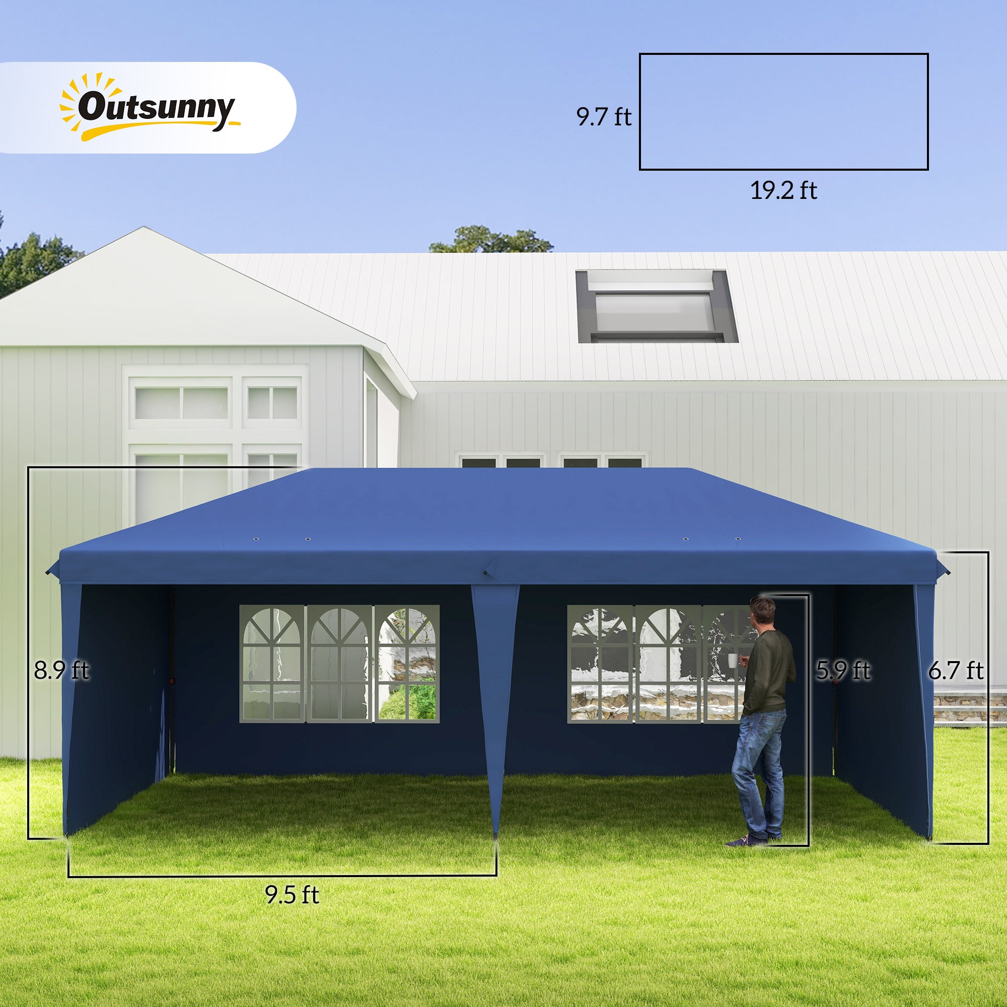 10' X 20' Pop Up Canopy Tent With 4 Sidewalls, Instant Gazebo With Carry Bag For Garden, Patio, Blue