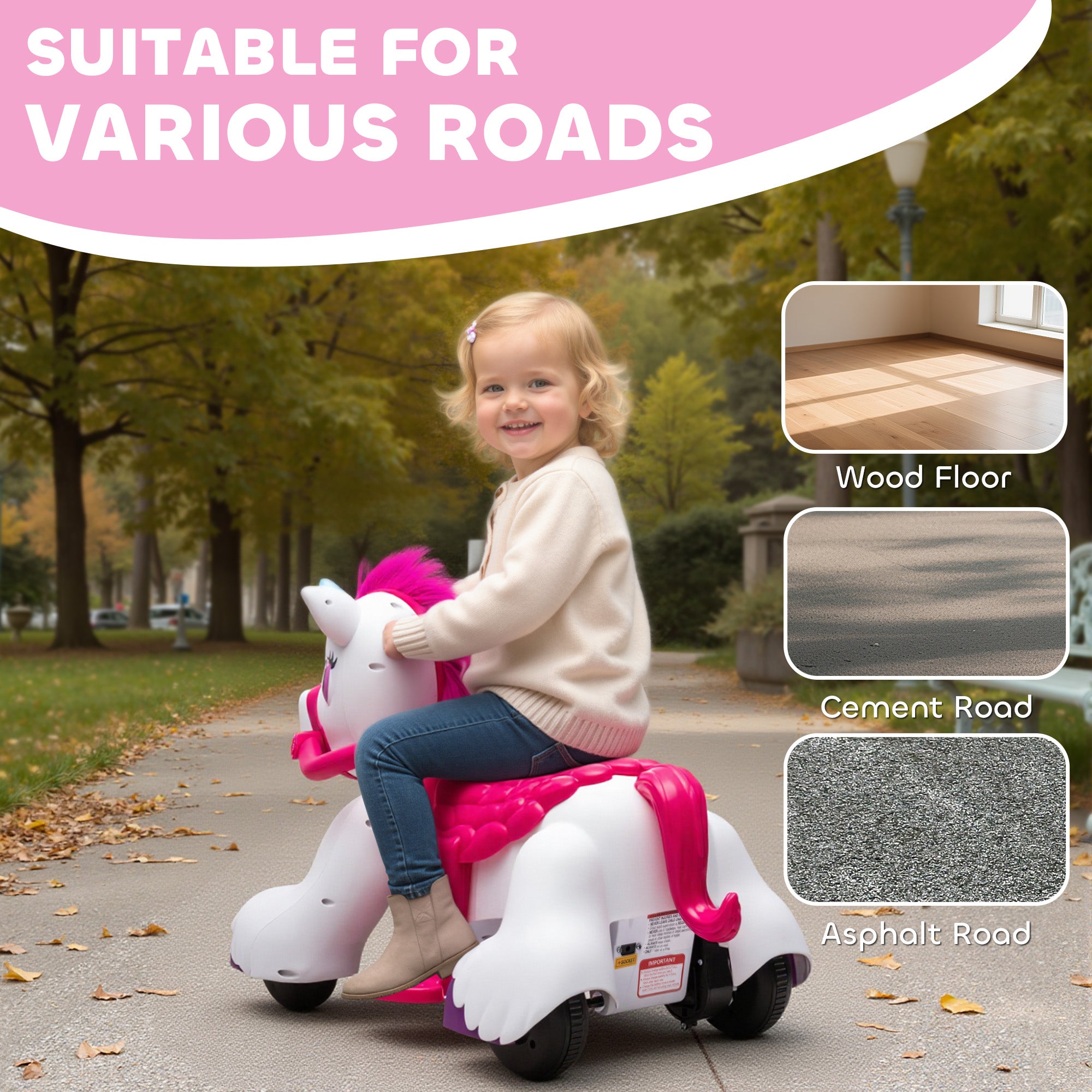 12V Unicorn Ride on Horse with Carrot Toy, Comb, Animal Sounds, for Girls Boys Aged 1.5-3 Years Old image 6