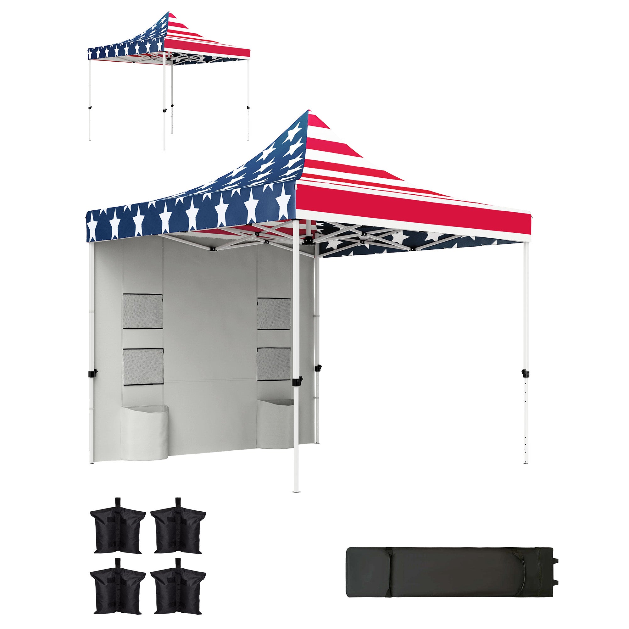 10 x 10 Heavy Duty Pop Up Canopy Tent with Sidewall, UPF50+ Instant Sun Shelter with Storage Pockets, American Flag