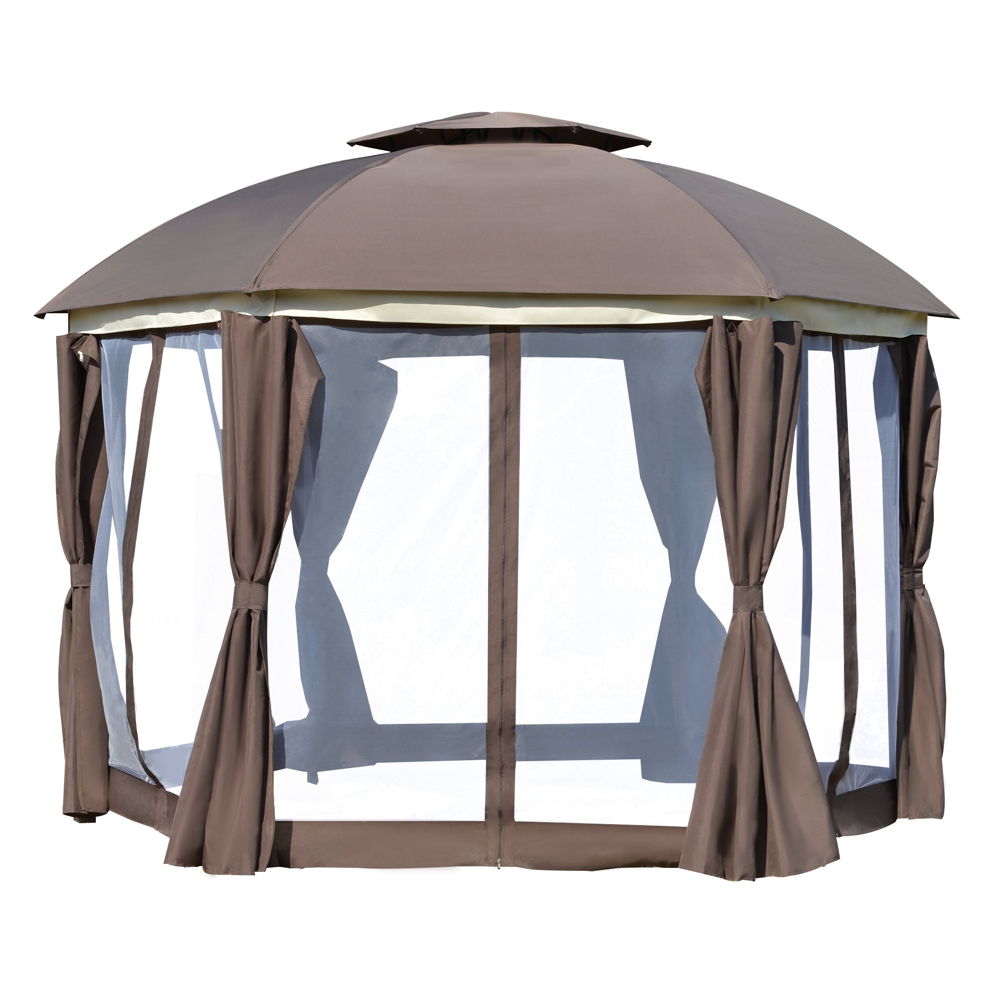12 x 12 Round Outdoor Gazebo, Patio Dome Gazebo Canopy Shelter with Double Roof, Netting Sidewalls and Curtains, Zippered Doors, Strong Steel Frame, Brown