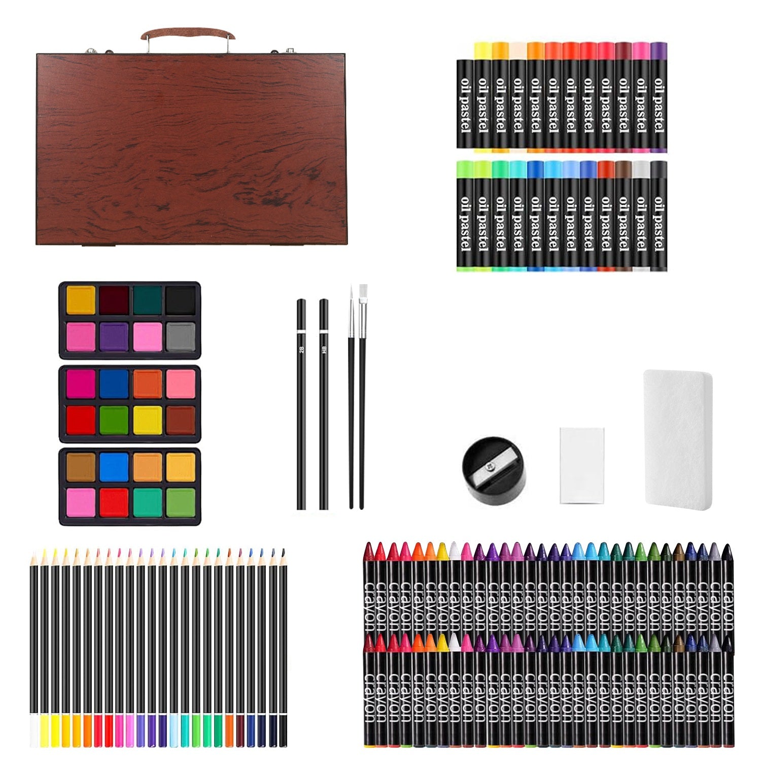 140Pcs Art Supplies With Colored Pencils Oil Pastels Crayons, Watercolor Cakes Brushes Sharpener Eraser In Elegant Wooden Box Professional Art Kit For Kids Adults Beginners Pros Office Supplies