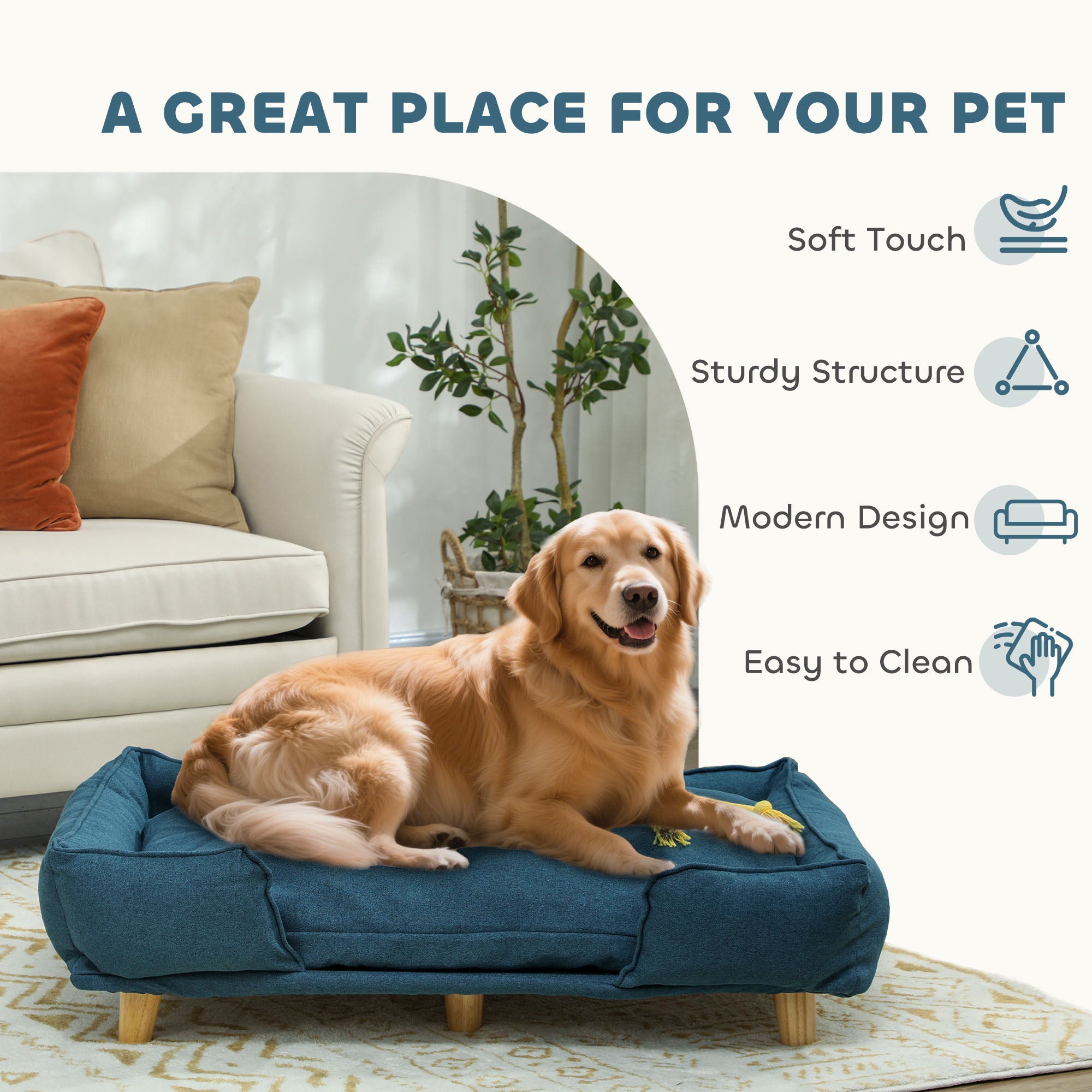 Raised Dog Couch with Comfortable Cushion, Pine Wood Legs, Foot Pads for Large-Sized Dogs Indoor Use, Dark Blue image 6