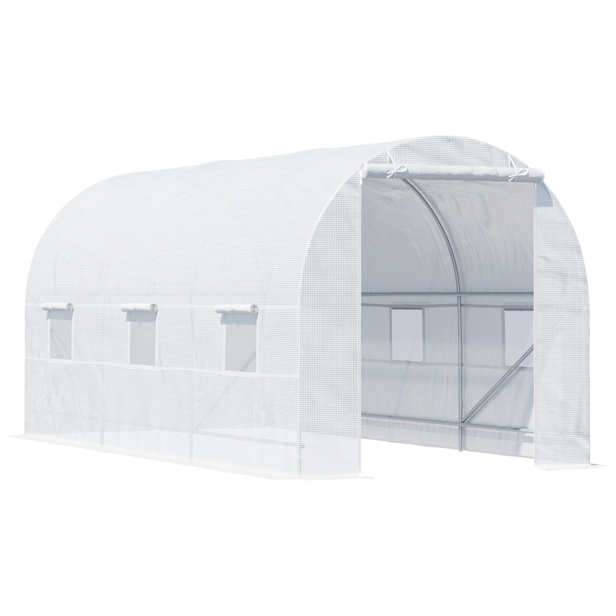 15 x 7 x 7 Walk-In Tunnel Greenhouse, Large Garden Hot House Kit with 6 Roll-up Windows & Roll Up Door, Steel Frame, White