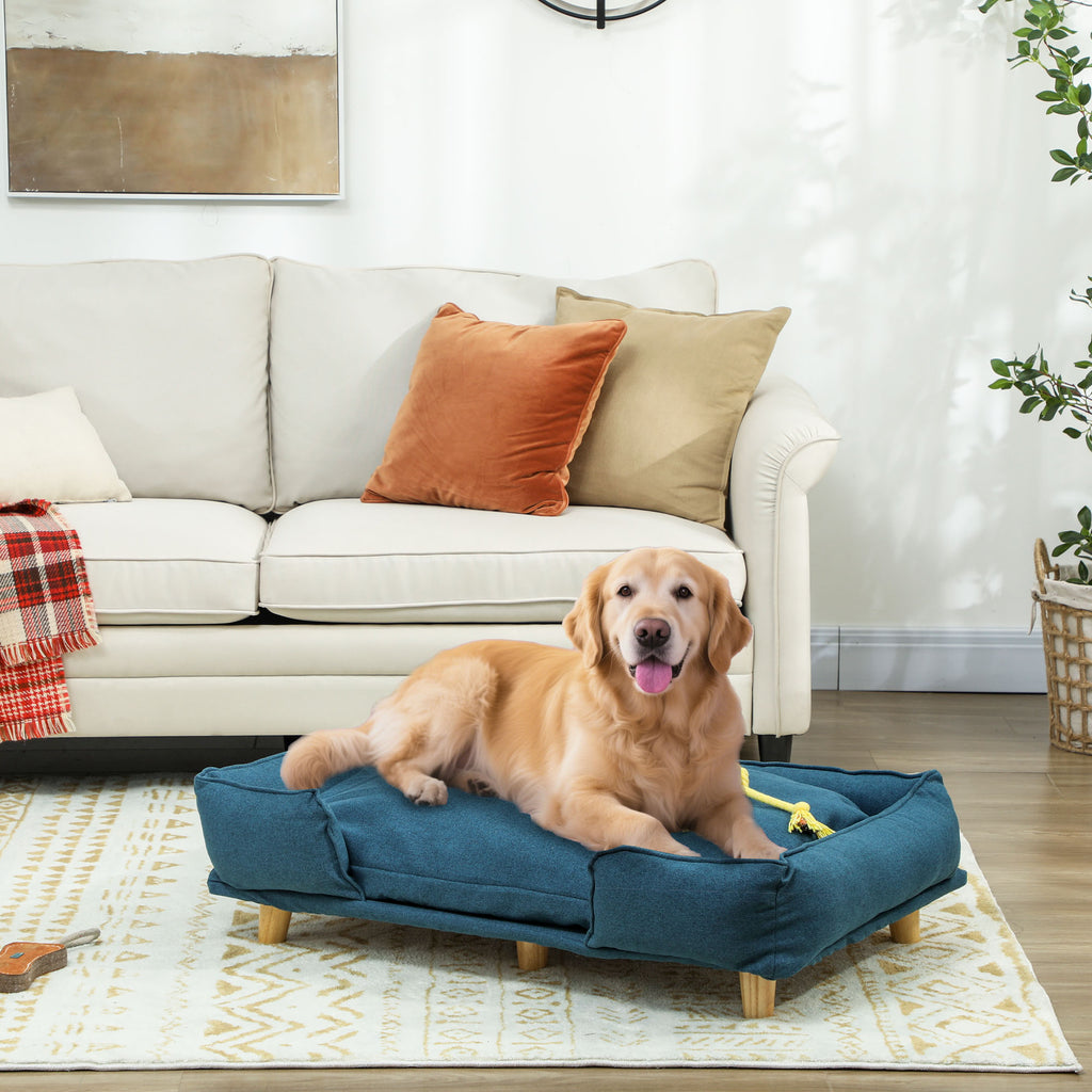 Raised Dog Couch with Comfortable Cushion, Pine Wood Legs, Foot Pads for Large-Sized Dogs Indoor Use, Dark Blue image 2