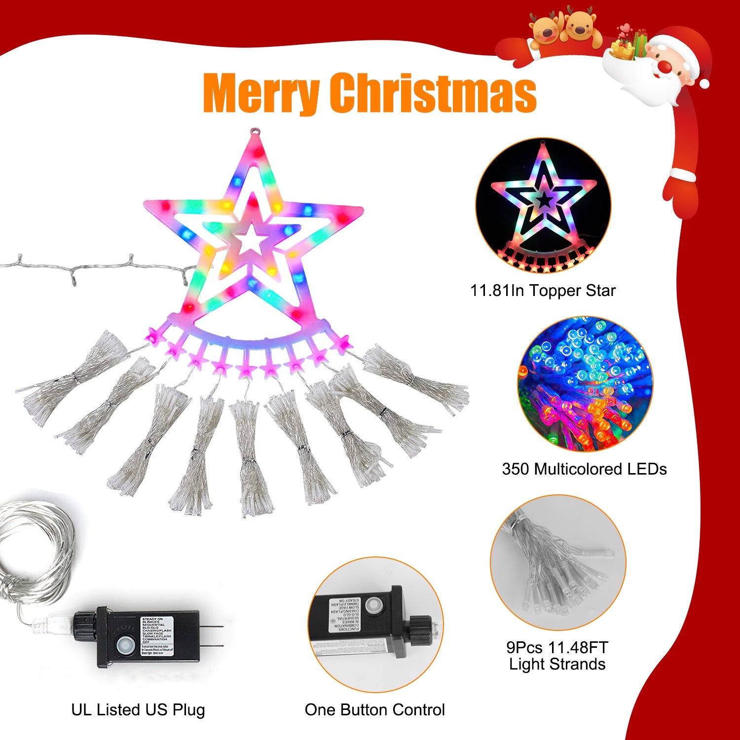 11.48FT 350LED Multicolored Christmas Star Waterfall Tree String Light Indoor Outdoor Waterproof String Lights With Star Topper 8 Light Modes Memory Function For Holiday Wedding Yard Party Home