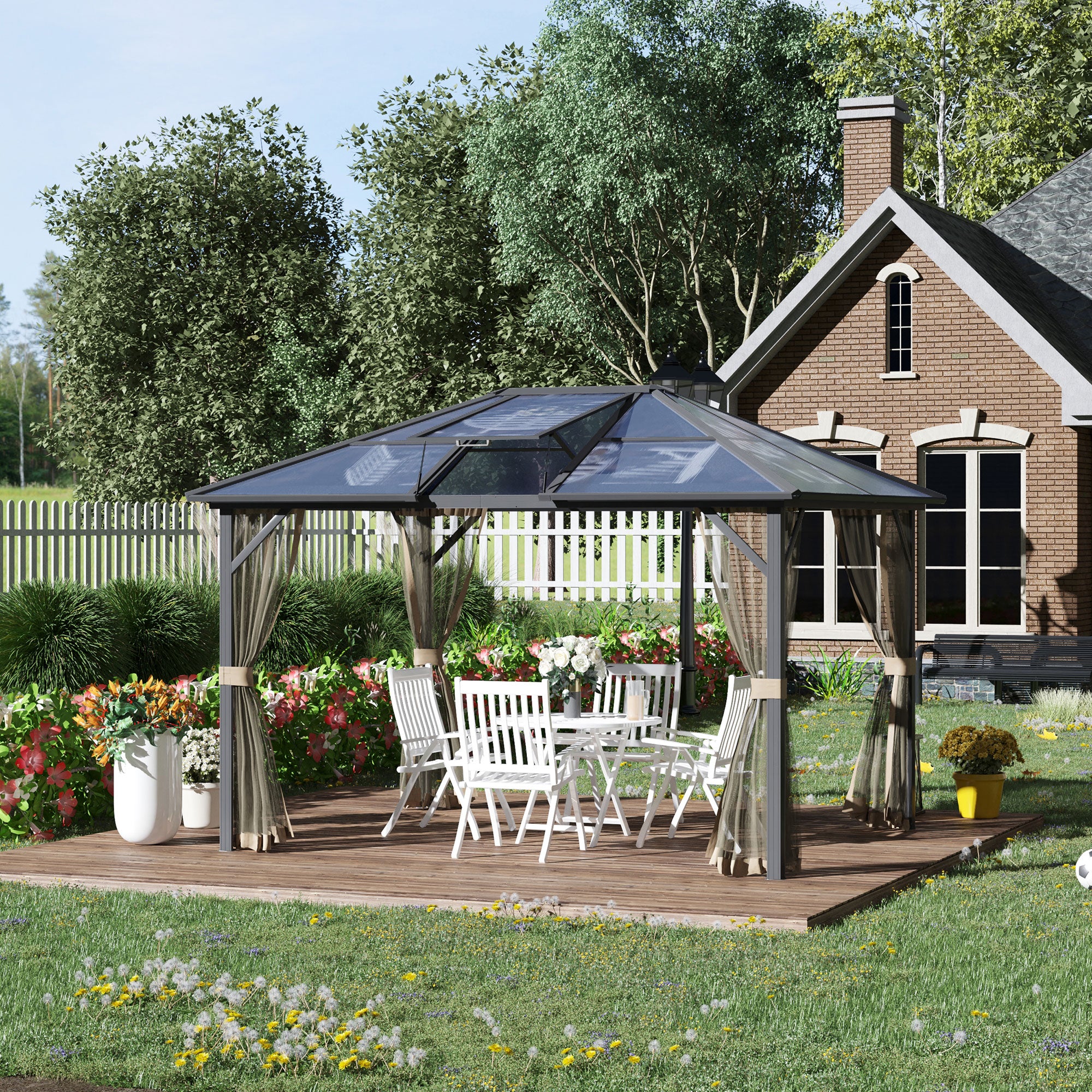 10 x 12 Hardtop Gazebo Canopy with Polycarbonate Roof, Aluminum Frame, Permanent Pavilion Outdoor Gazebo with Netting, for Patio, Garden, Backyard, Deck, Lawn, Gray, Brown