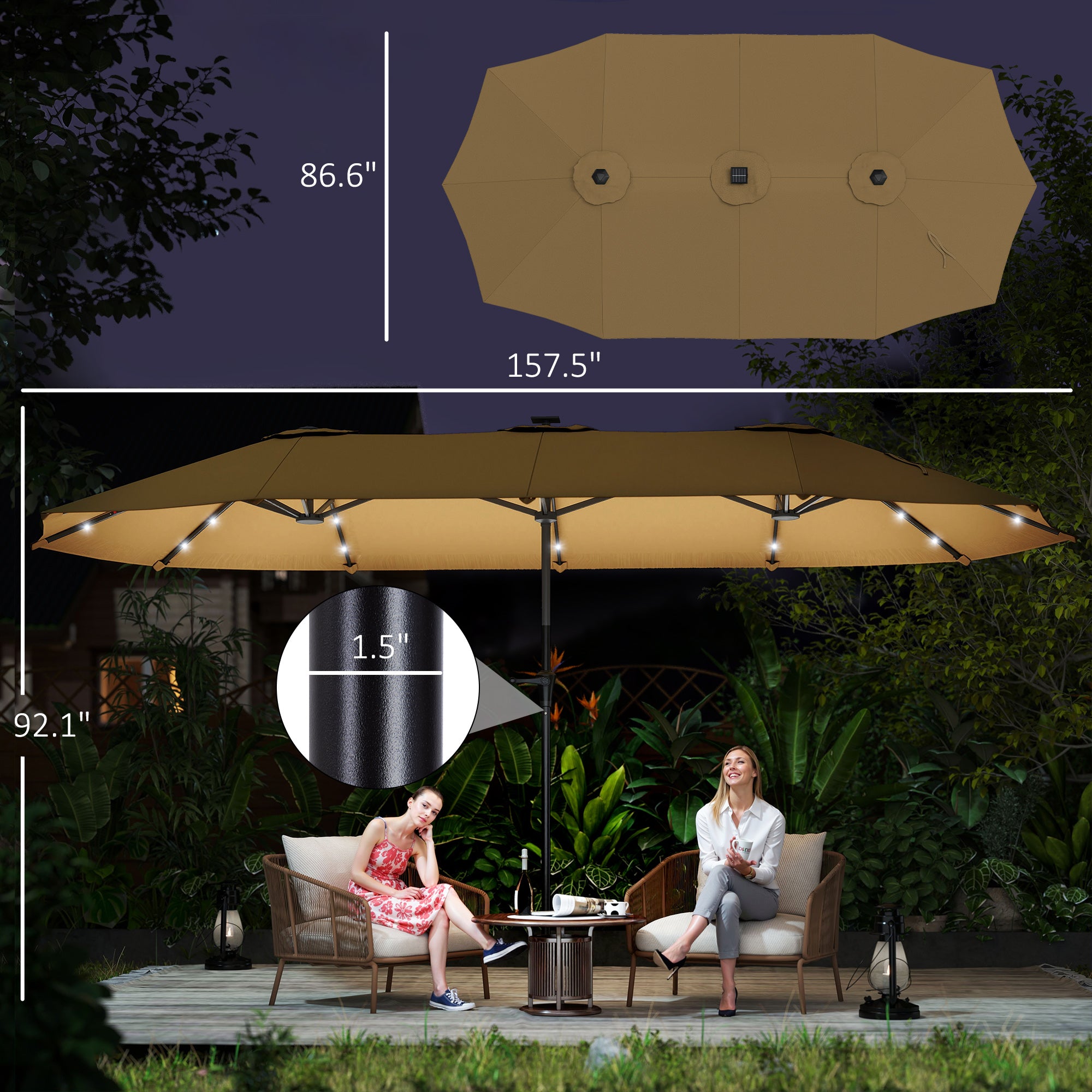 13ft Double-Sided Market Umbrella, Large Patio Umbrella With Solar Lights, Crank Handle For Garden, Pool, Yard, Khaki