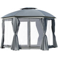 12 x 12 Round Outdoor Gazebo, Patio Dome Gazebo Canopy Shelter with Double Roof, Netting Sidewalls and Curtains, Zippered Doors, Strong Steel Frame, Grey