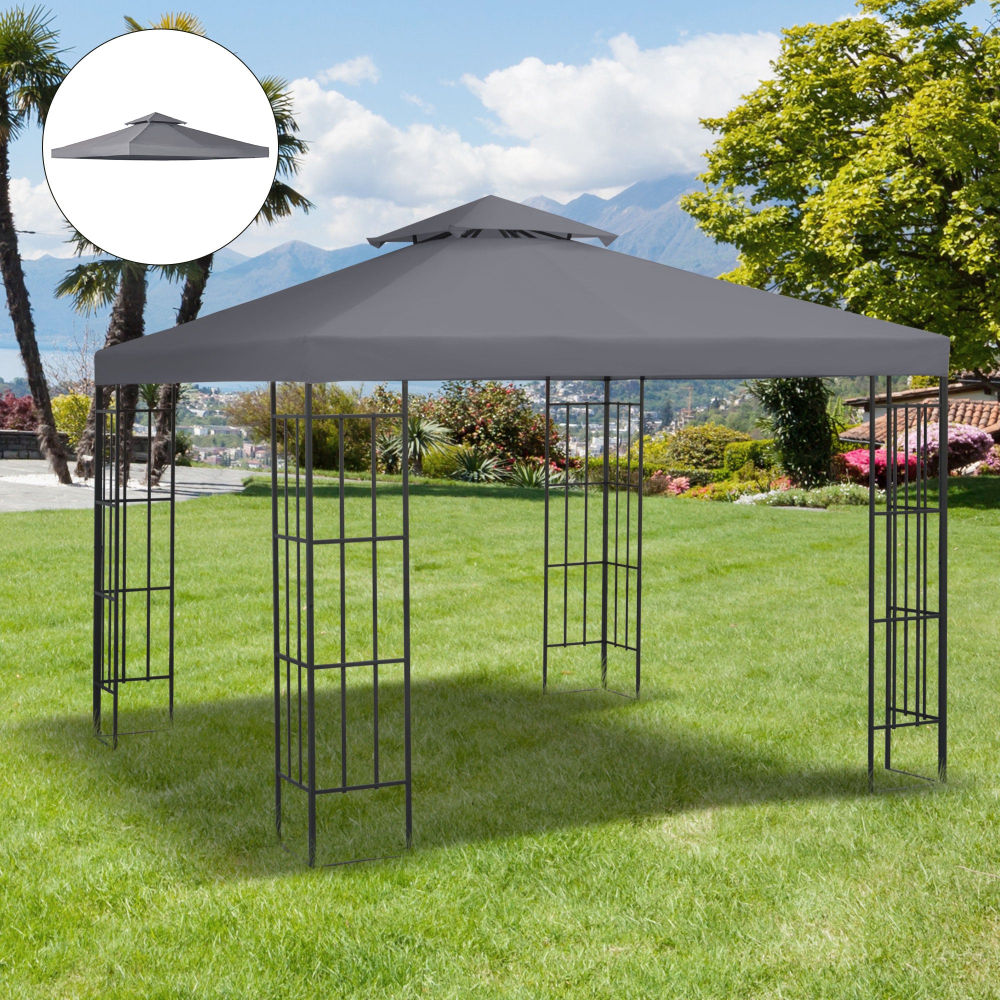 10' X 10' Gazebo Replacement Canopy 2 Tier Top UV Cover Pavilion Garden Patio Outdoor Dark Gray