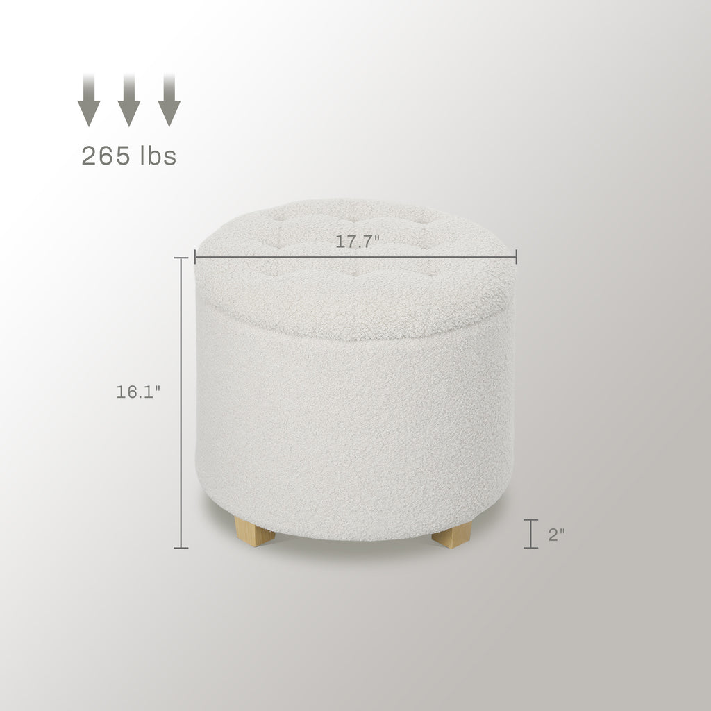 18" Round Ottoman with Storage, Teddy Fleece Button Tufted Foot Stool with Lid, Wood Legs for Living Room Hallway, White image 3