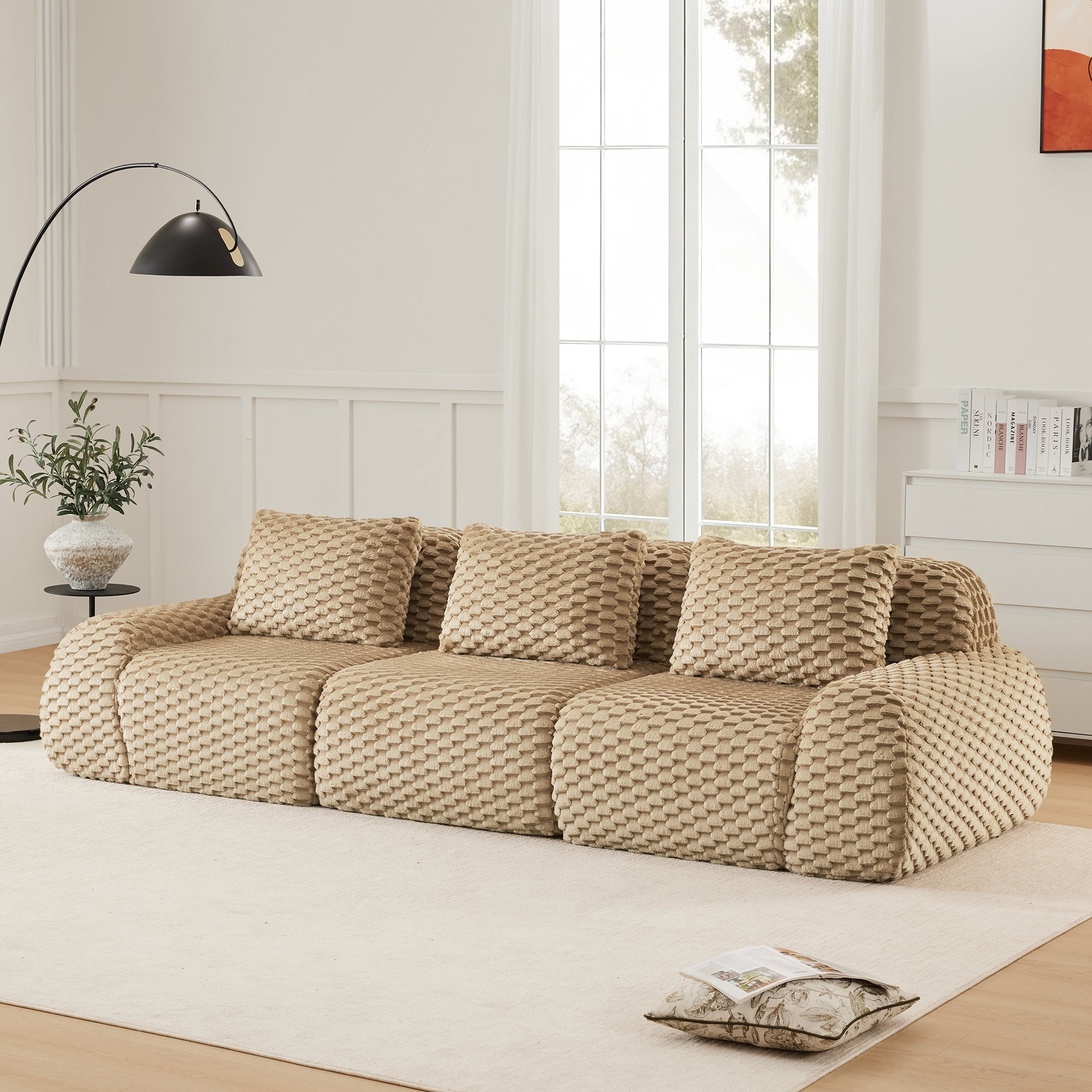 114 Modern Modular Sectional Sofa For Living Room,Flannelette Fabric,Oversized 3-Seater Couch,boneless Sofa,Deep Seat,Buckle Connection,Anti-slip Design,No Assembly,Light