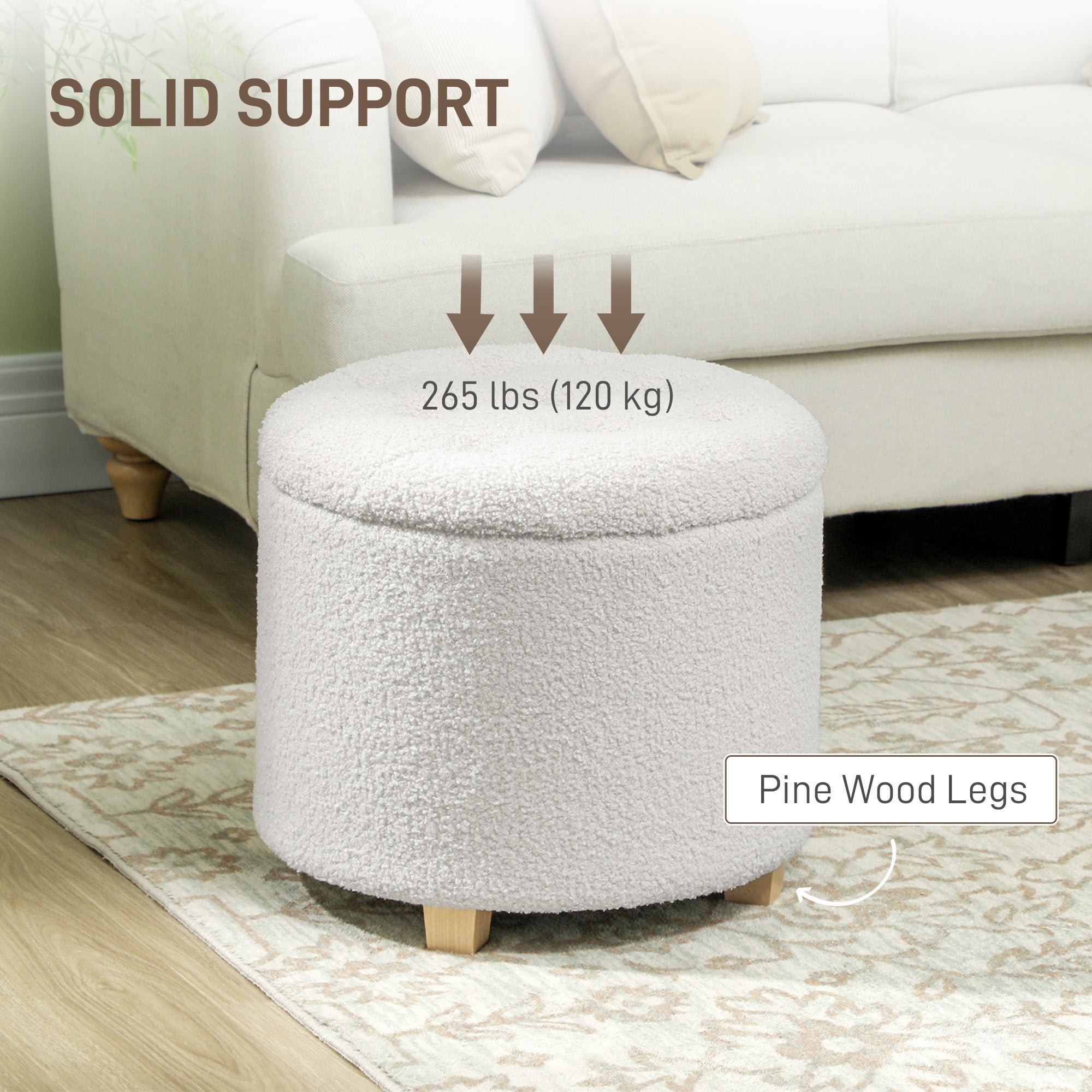 18" Round Ottoman with Storage, Teddy Fleece Button Tufted Foot Stool with Lid, Wood Legs for Living Room Hallway, White image 5