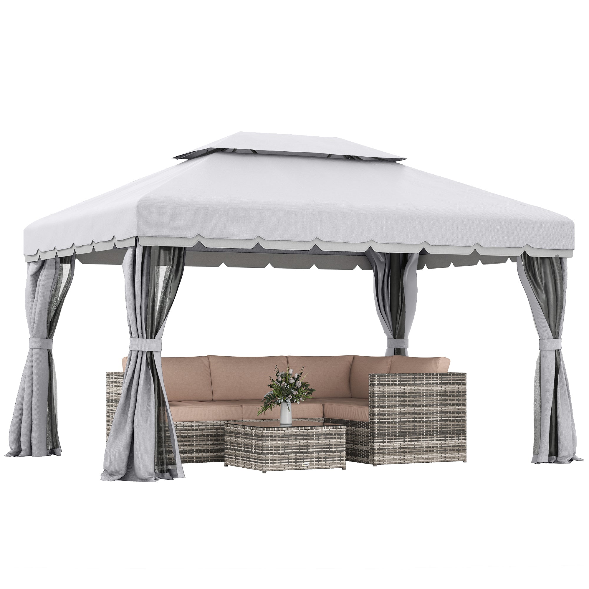 10 x 13 Patio Gazebo, Aluminum Frame Double Roof Outdoor Gazebo Canopy Shelter with Netting & Curtains, Light Gray