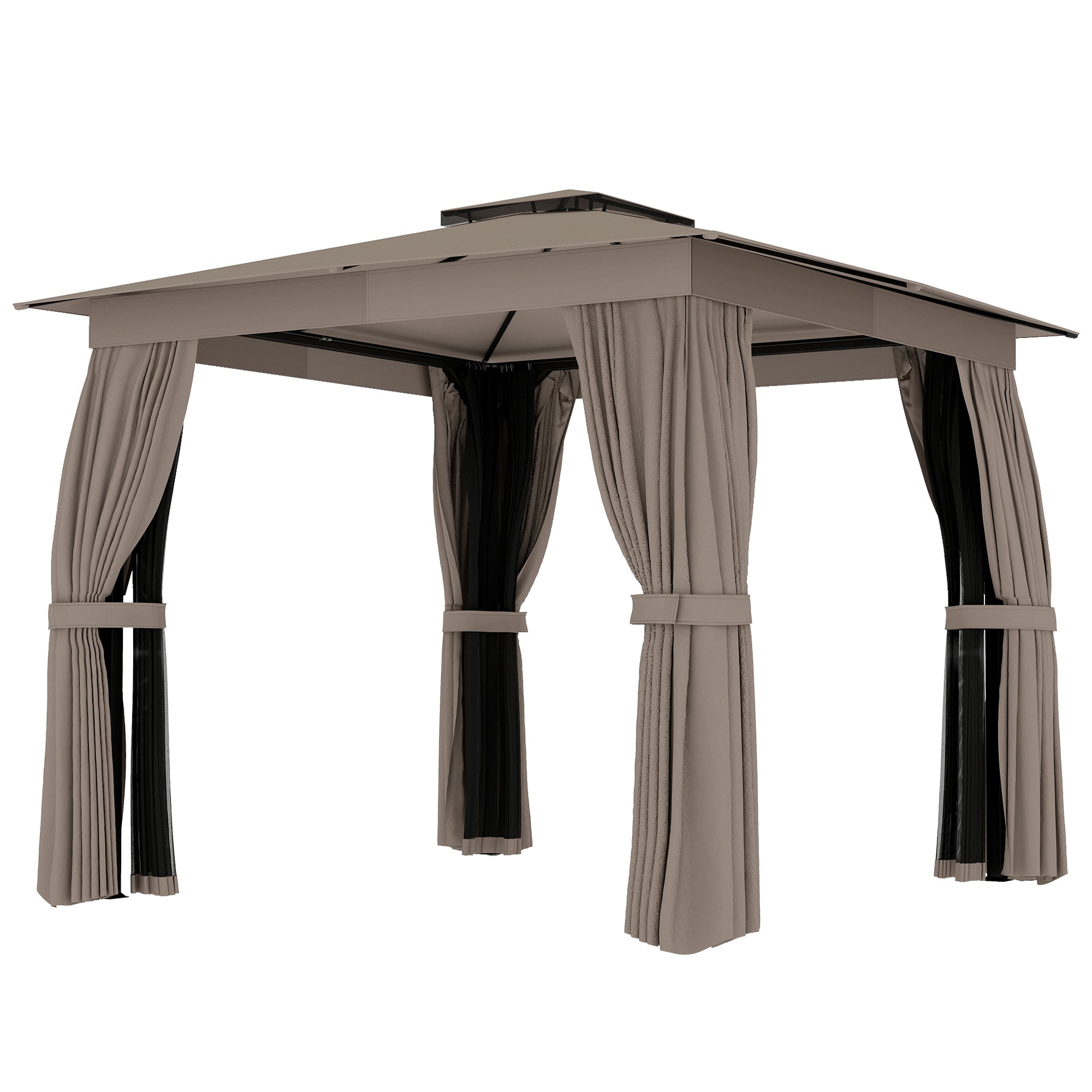 10 x 10 Outdoor Patio Gazebo, Soft Top Gazebo Canopy Shelter with Curtains, Netting, Steel Frame, Hook, Khaki
