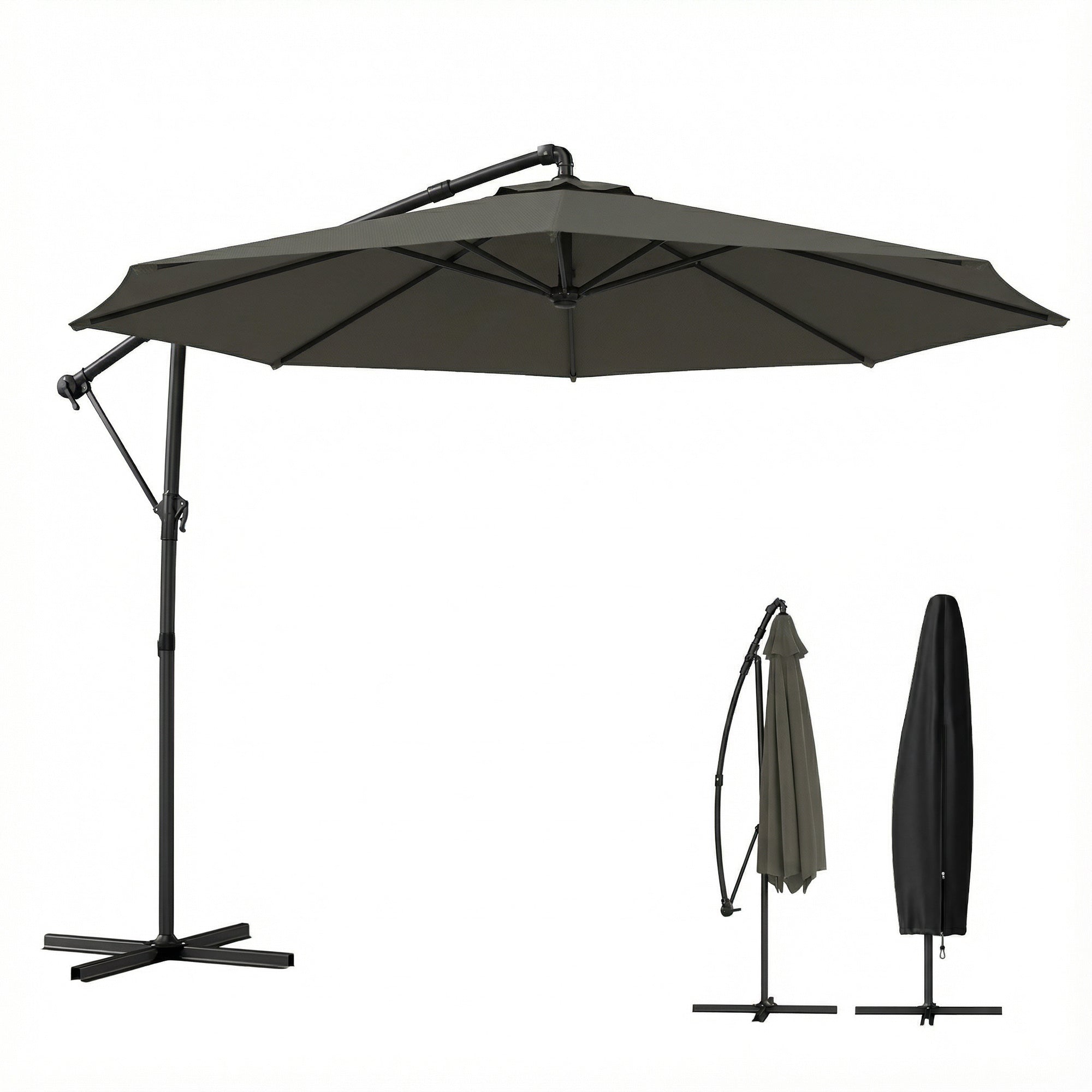 10 ft Offset Patio Umbrella with Cover, Hanging Cantilever Umbrella with 360° Rotation, Crank Handle, Tilt Grayish Brown
