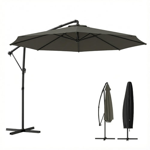 10 ft Offset Patio Umbrella with Cover, Hanging Cantilever Umbrella with 360° Rotation, Crank Handle, Tilt Grayish Brown