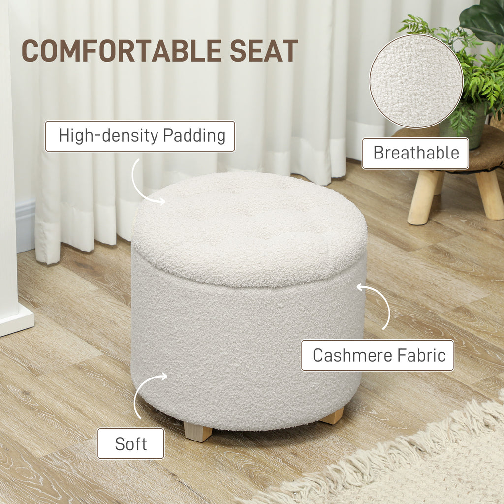 18" Round Ottoman with Storage, Teddy Fleece Button Tufted Foot Stool with Lid, Wood Legs for Living Room Hallway, White