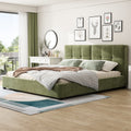 King Size Velvet Bed Frames, Upholstered Platform Bed With Curved Tufted Headboard, Soft Square Corners, Olive Green