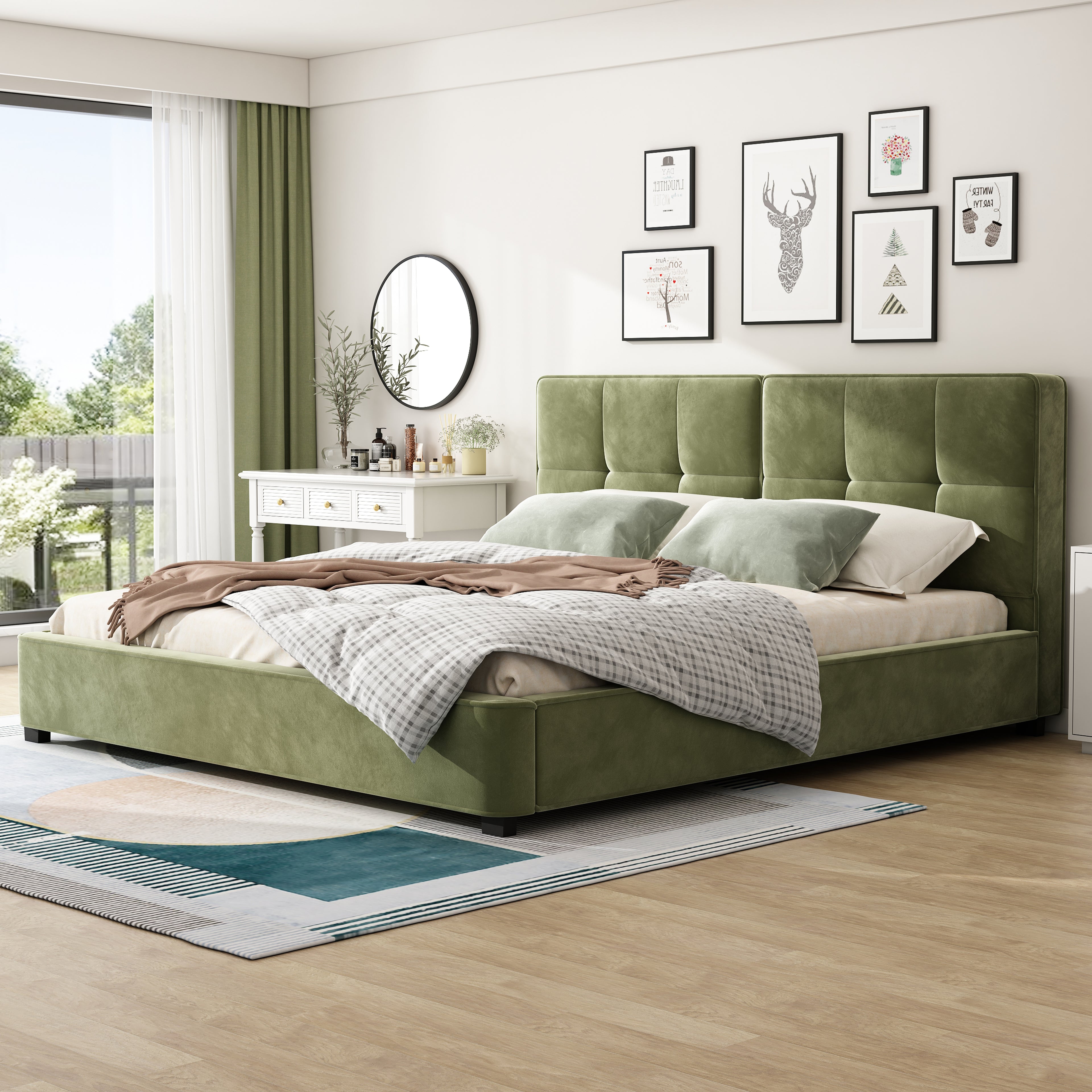 King Size Velvet Bed Frames, Upholstered Platform Bed With Curved Tufted Headboard, Soft Square Corners, Olive Green