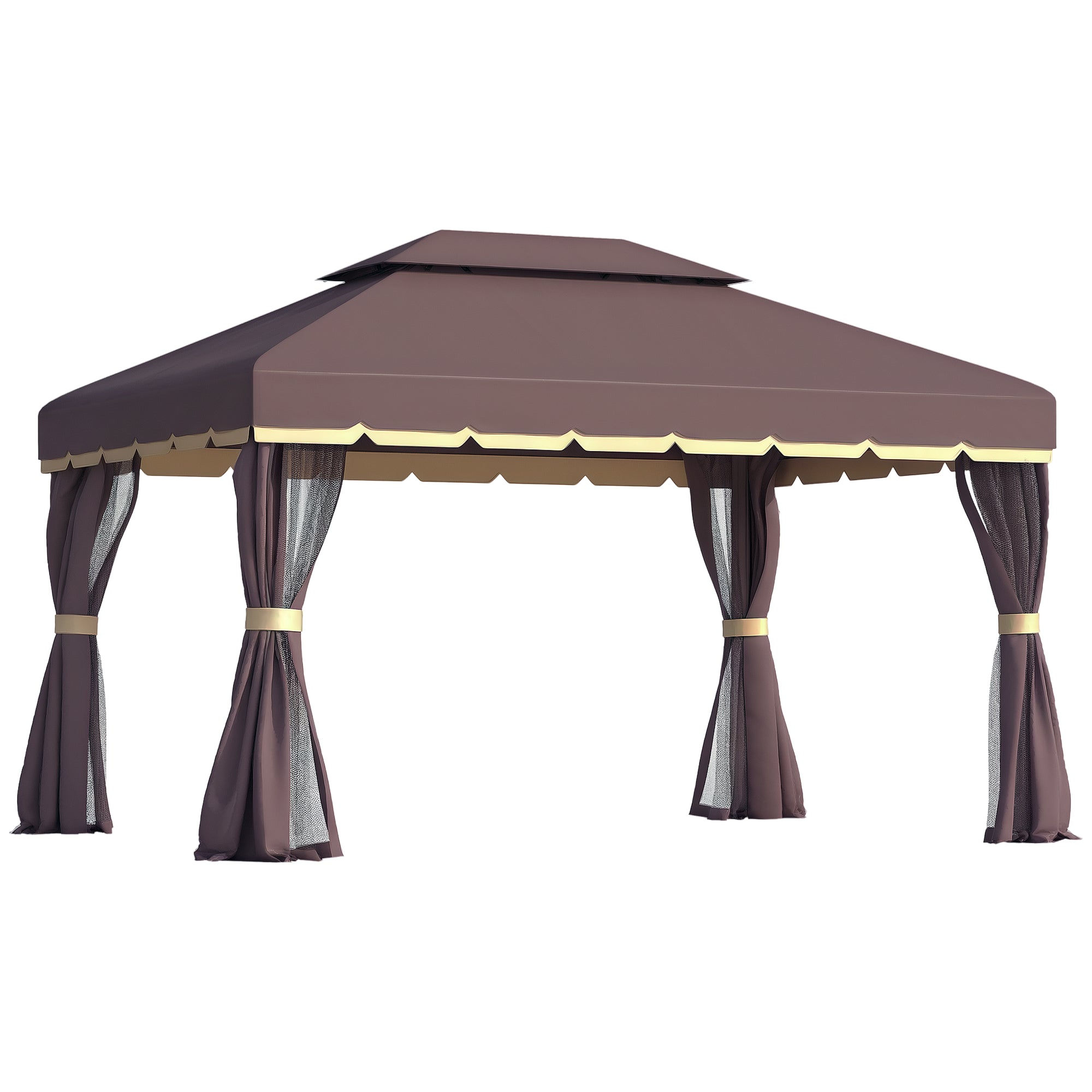 10 x 13 Patio Gazebo, Aluminum Frame Double Roof Outdoor Gazebo Canopy Shelter with Netting & Curtains, Coffee