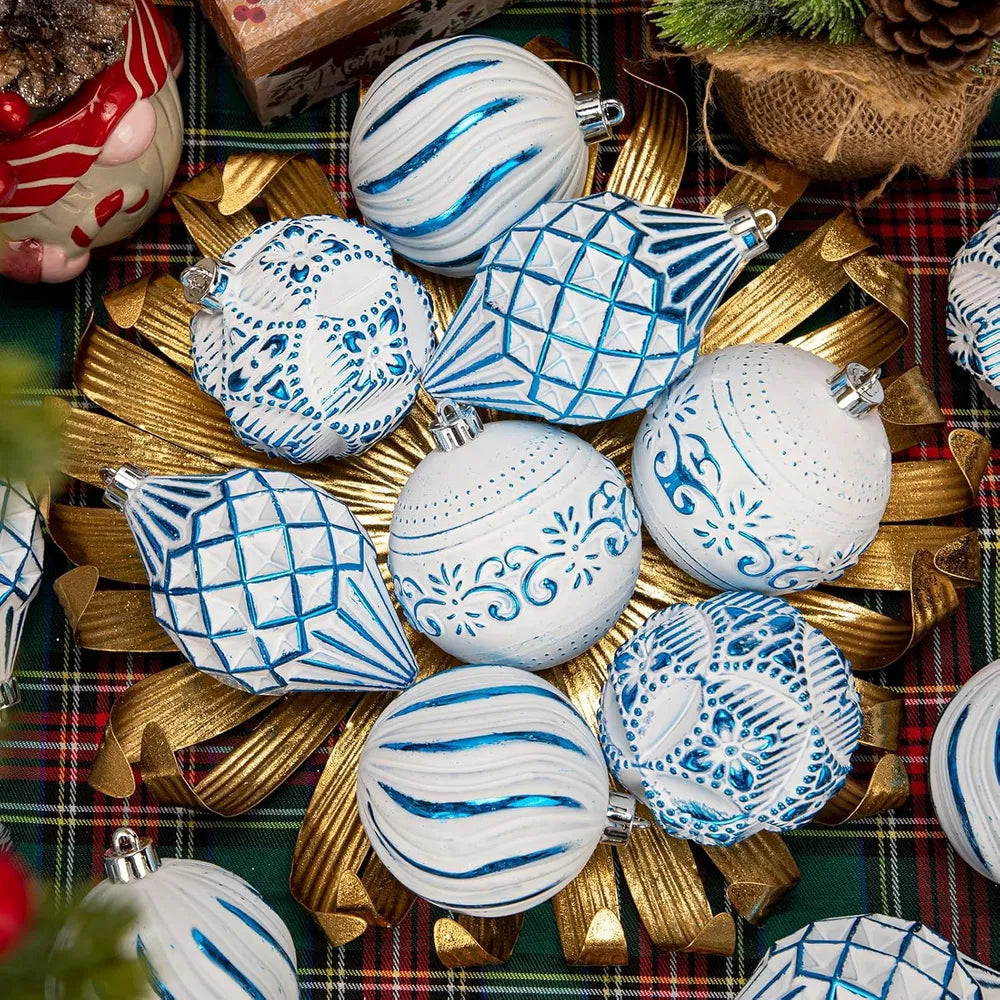 16PCS Shatterproof Christmas Ball Ornaments Set, Hand-Painted Holiday Decor With Assorted Sizes & Designs For Christmas Tree Thanksgiving Party Decoration, Silver-White