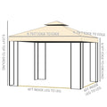 10' x 10' Metal Patio Gazebo, Double Roof Outdoor Gazebo Canopy Shelter With Tree Motifs Corner Frame And Netting, For Garden, Lawn, Backyard, And Deck, Beige