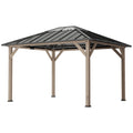 10 x 12 Hardtop Gazebo with Galvanized Steel Roof, UPF50+ Wood Permanent Pavilion with Clear Roof Top, Light Walnut